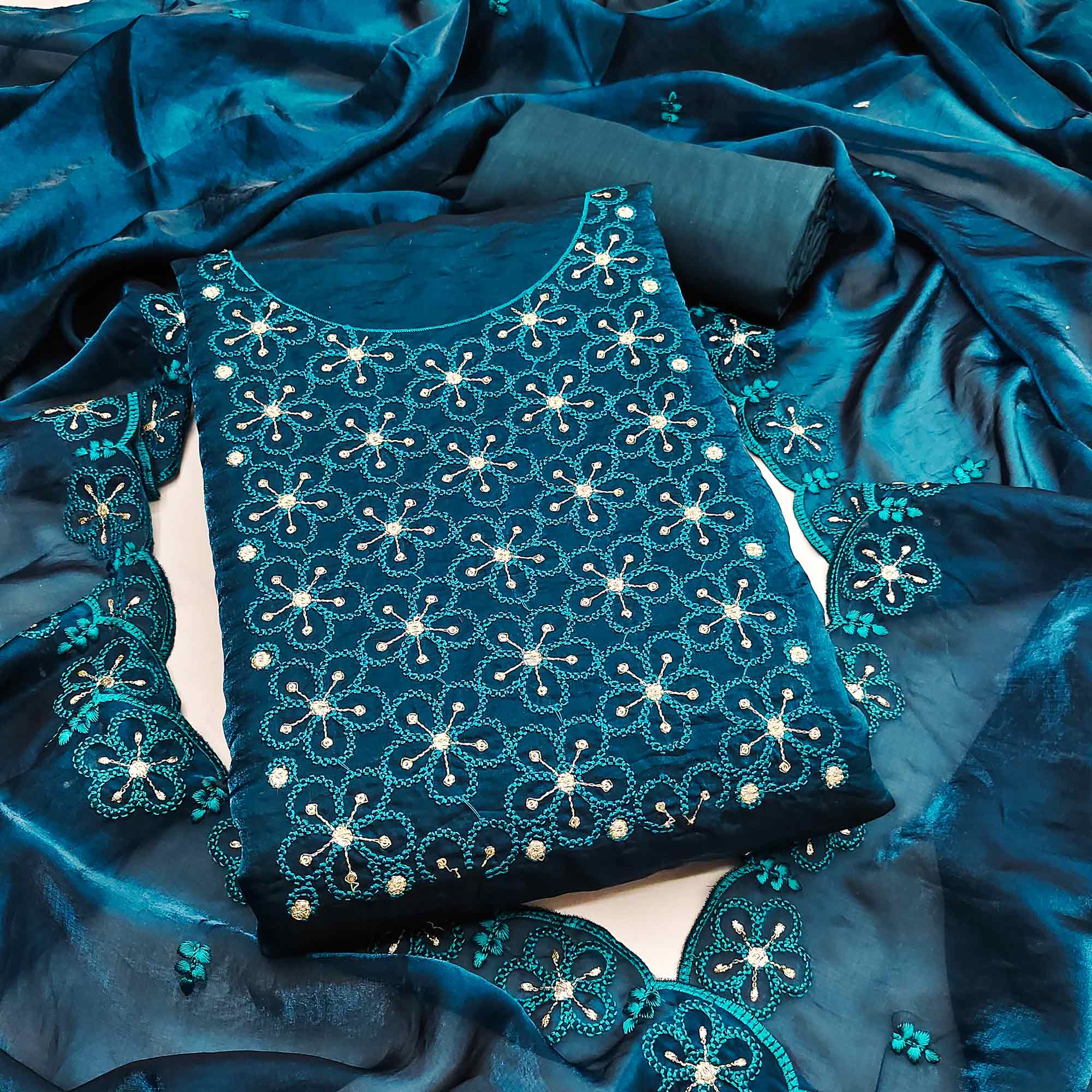 Charming Morpich Blue Floral Embroidery Organza Satin Silk Dress Material With Sequins Work