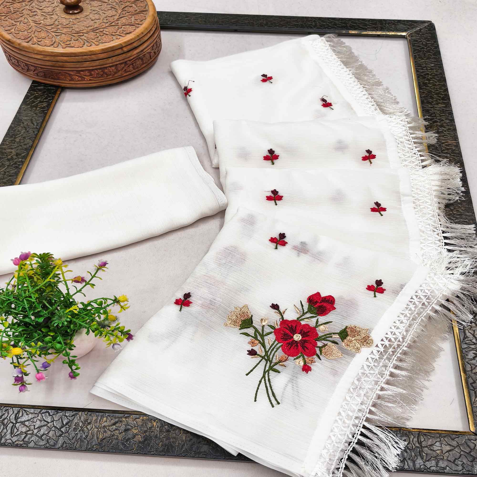 White Floral Embroidered Chiffon Saree With Tassels