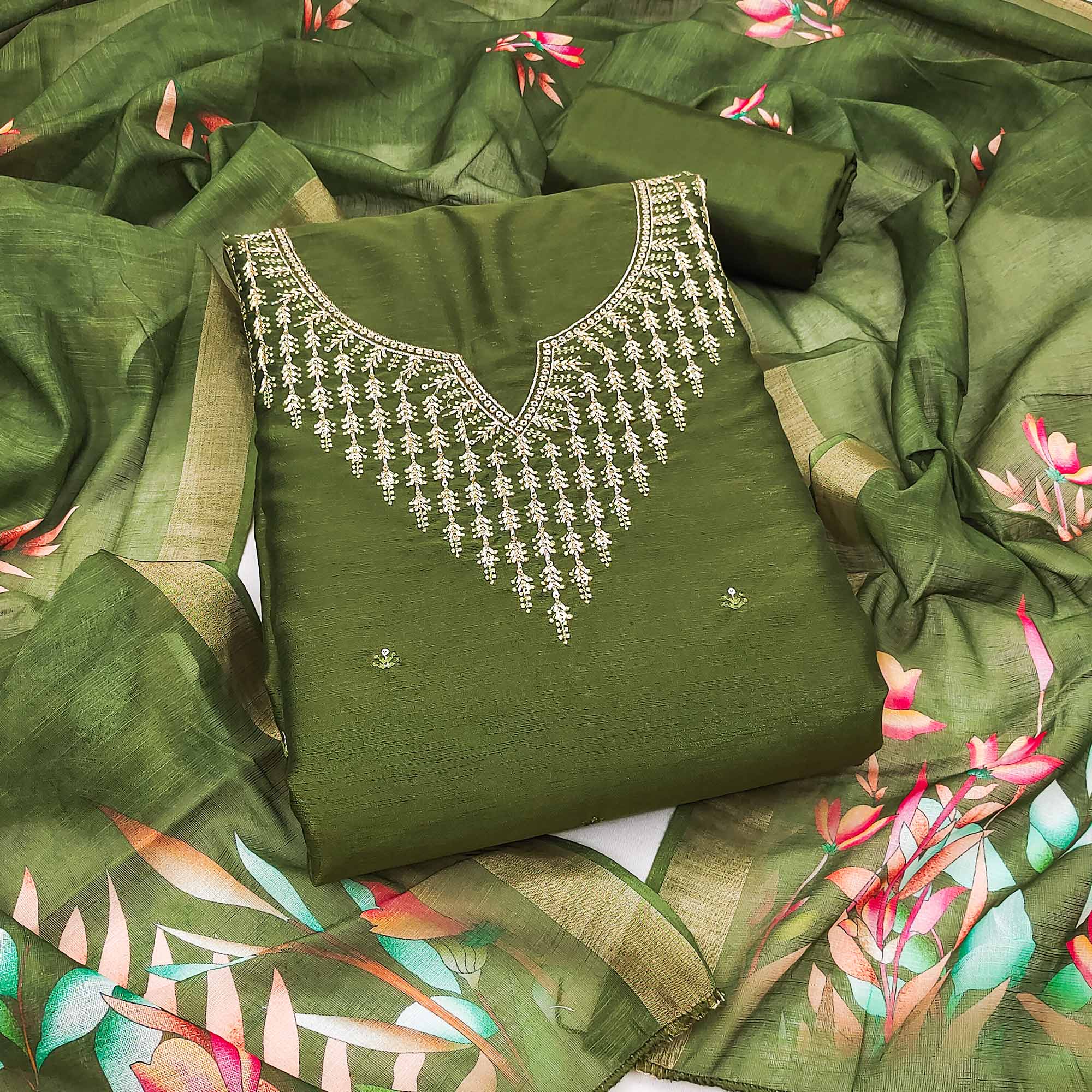 Festive Green Floral Embroidered Art Silk Dress Material with Fine Thread Work