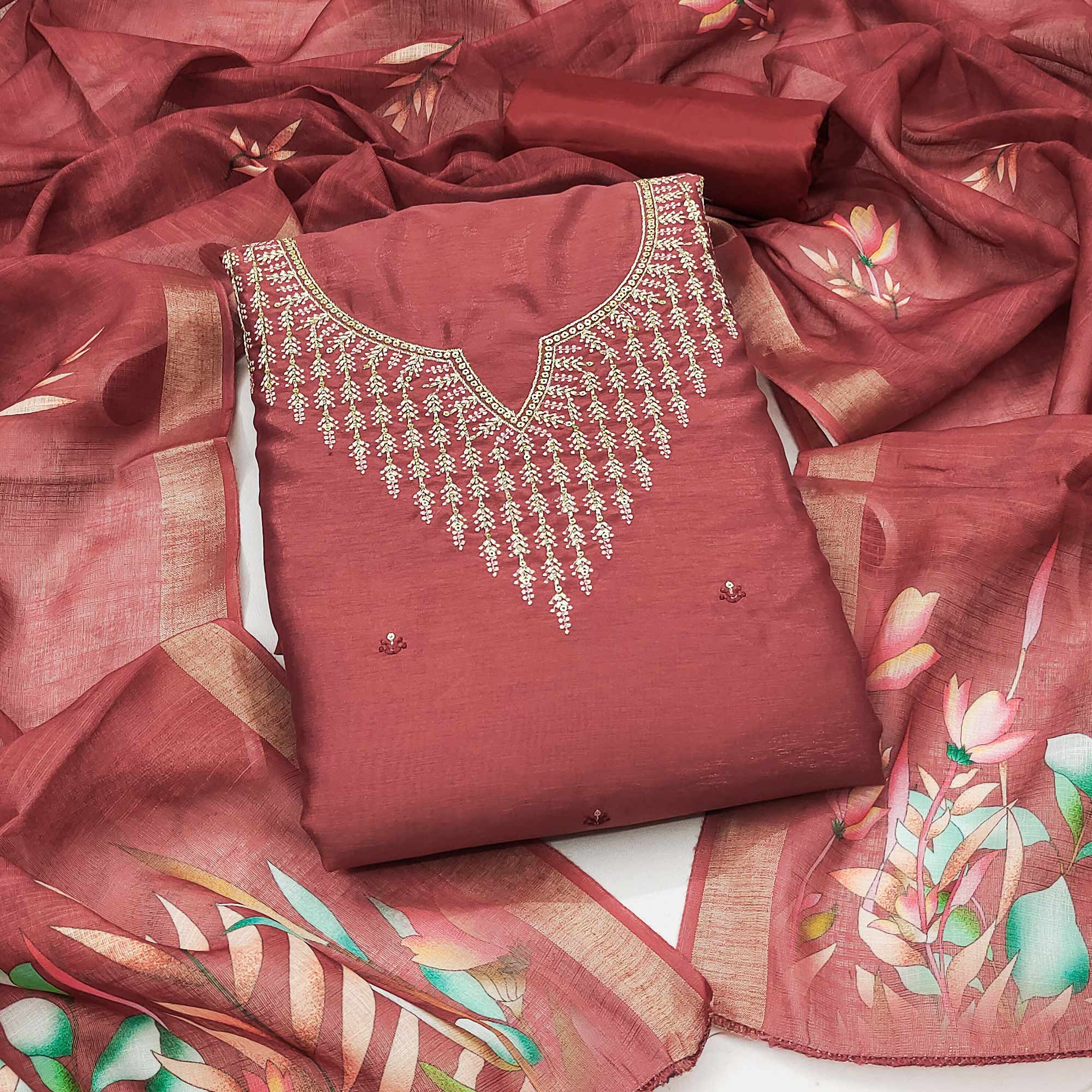 Festive Maroon Floral Embroidered Art Silk Dress Material with Fine Thread Work