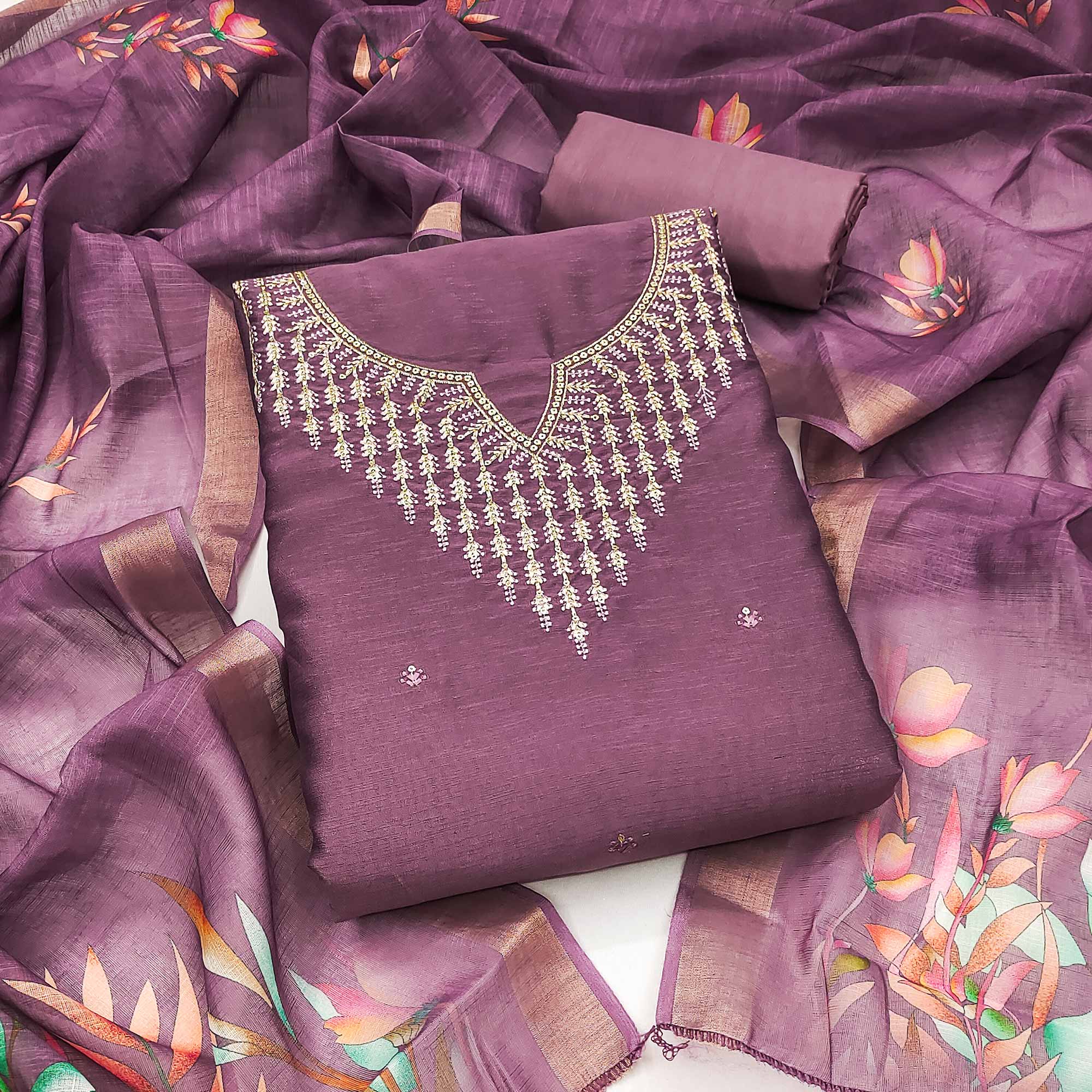 Festive Mauve Floral Embroidered Art Silk Dress Material with Fine Thread Work