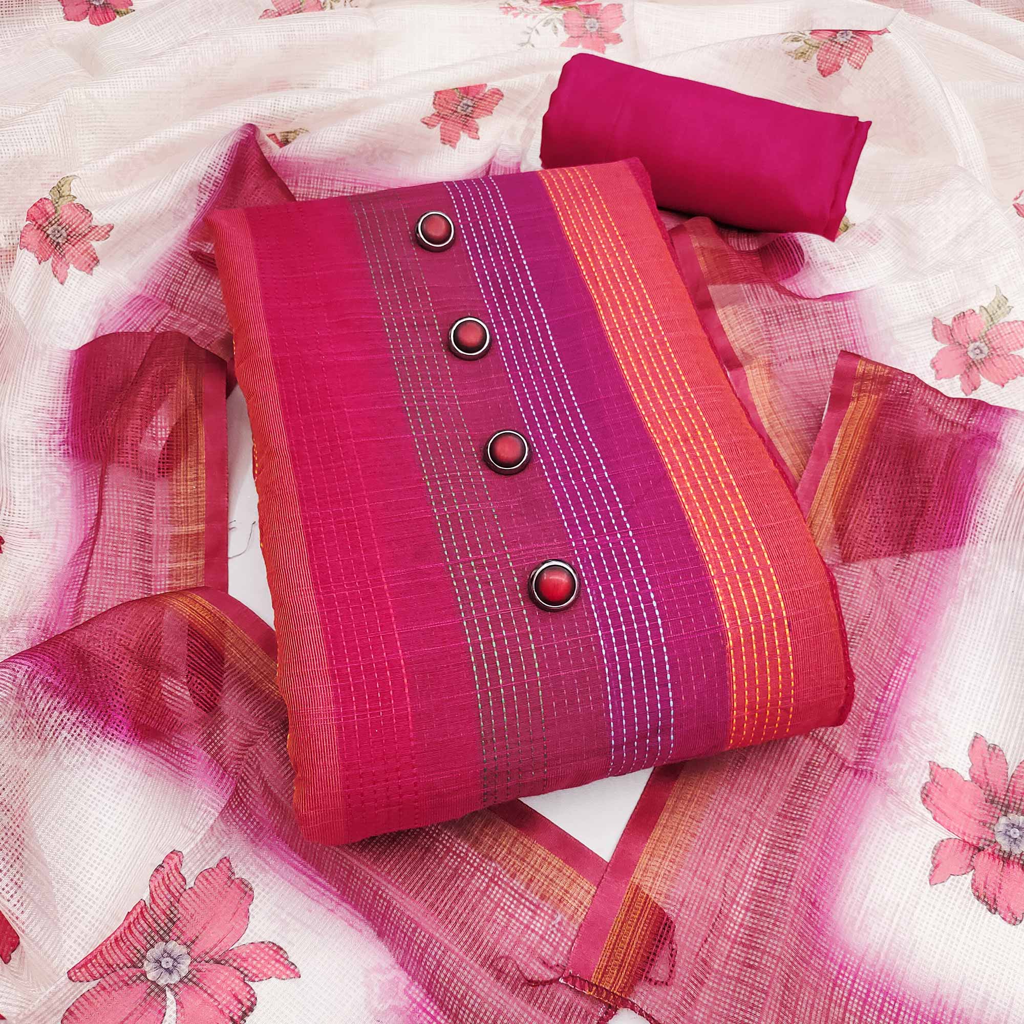 Lightweight Pink Pure Cotton Dress Material with Elegant Striped Finish