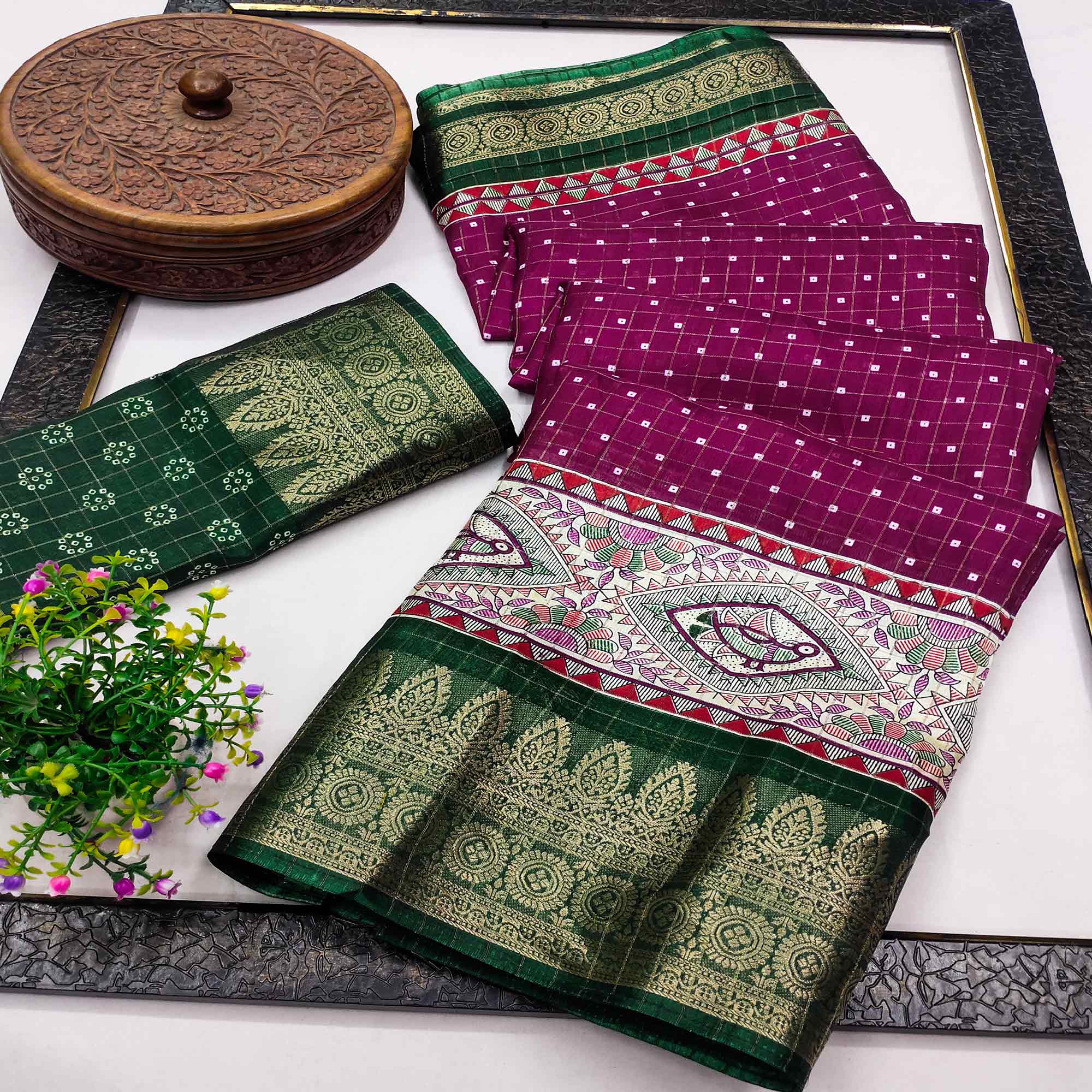Magenta Madhubani Work Woven Dola Silk Saree