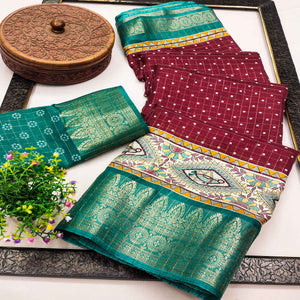 Maroon Madhubani Work Woven Dola Silk Saree