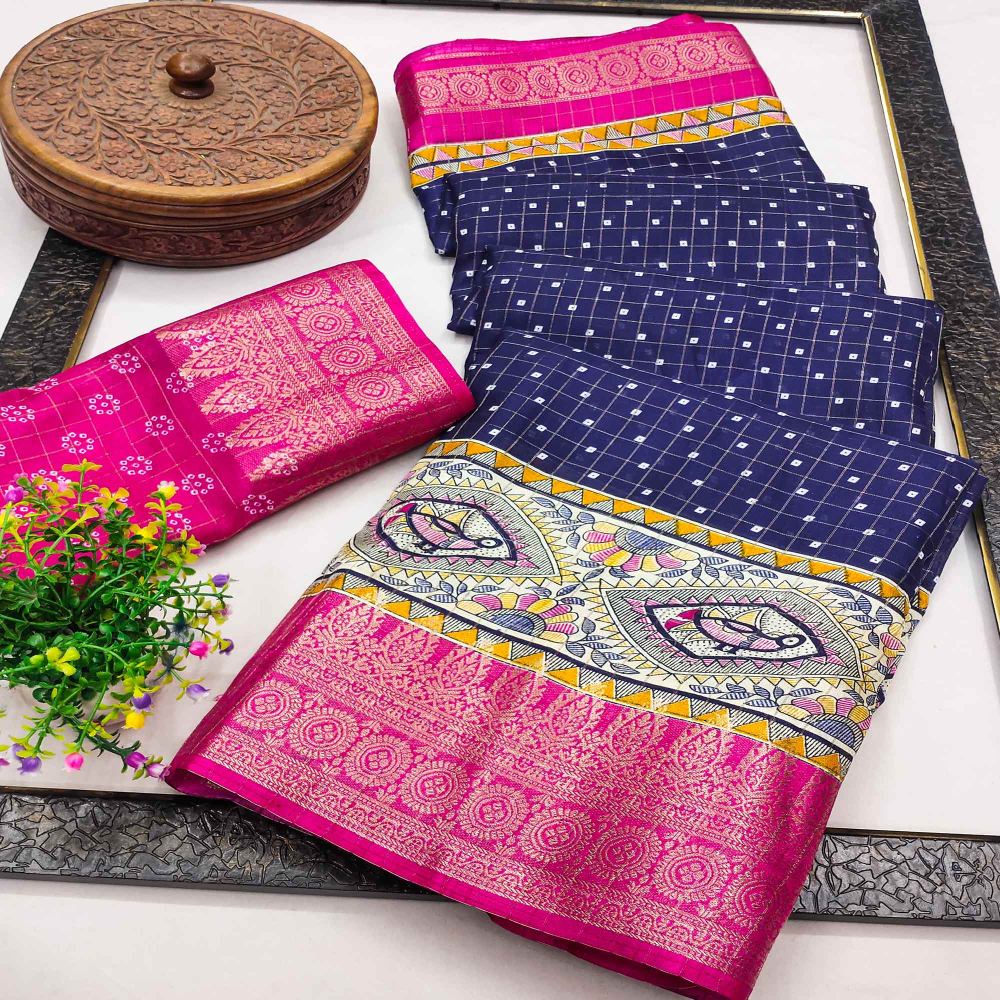 Navy Blue Madhubani Work Woven Dola Silk Saree