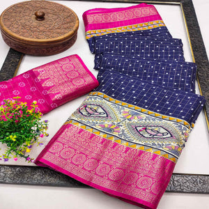 Navy Blue Madhubani Work Woven Dola Silk Saree