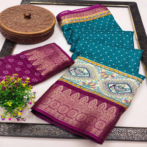 Teal Madhubani Work Woven Dola Silk Saree