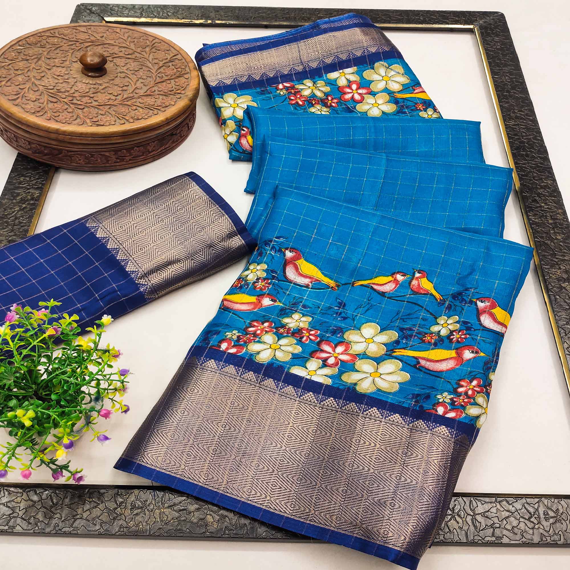 Rama Blue Madhubani Work Woven Dola Silk Saree