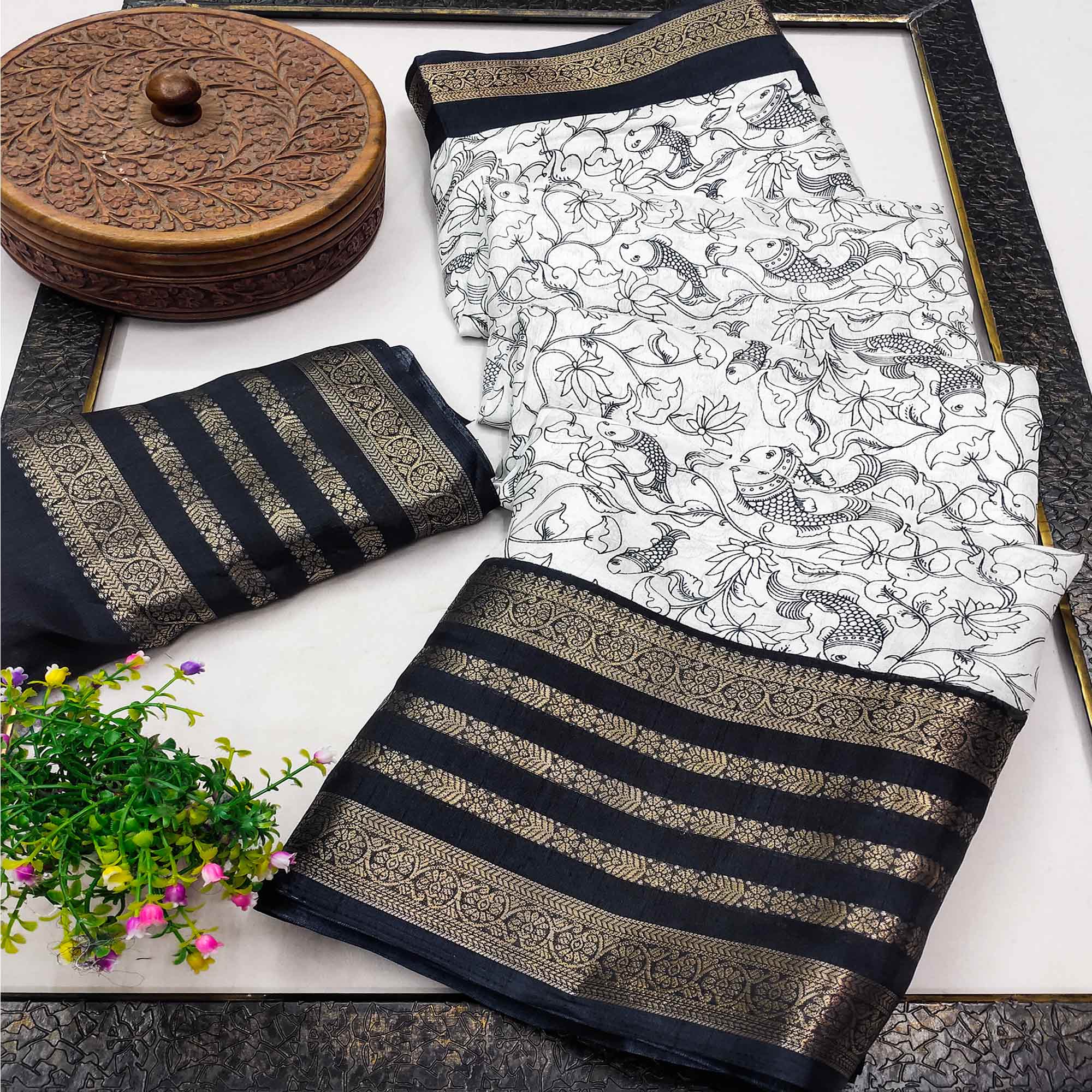 Off White & Black Dola Silk Saree with Tradional Prints and Zari Weaving Border
