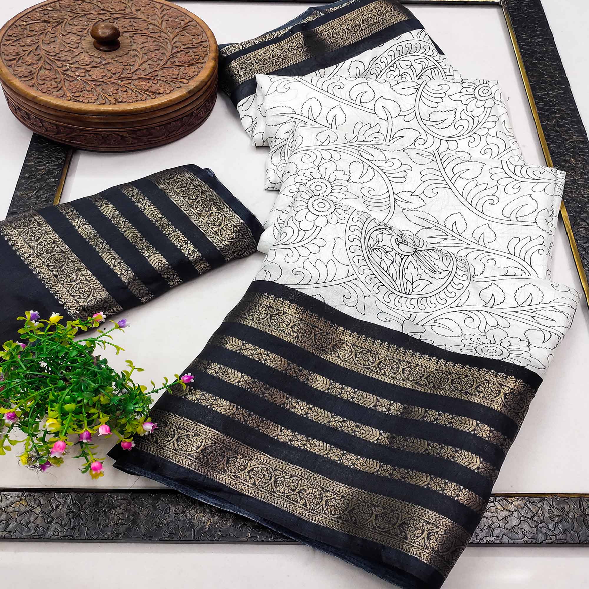 Off White & Black Dola Silk Saree with Tradional Prints and Zari Weaving Border