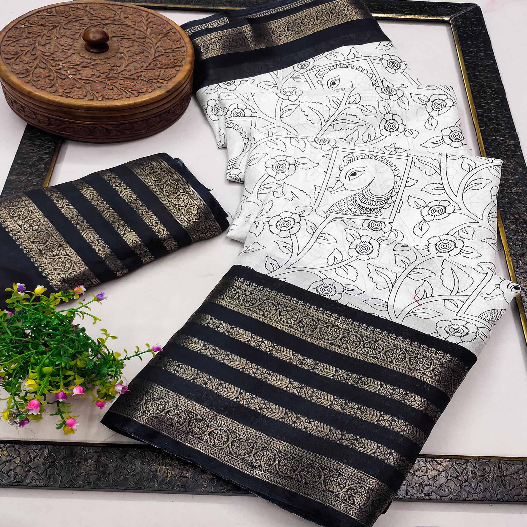 Off White & Black Dola Silk Saree with Tradional Prints and Zari Weaving Border