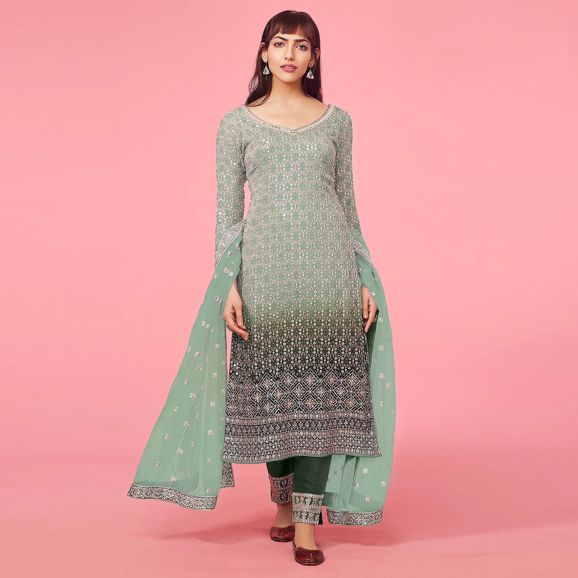 Green Sequins Embroidered Georgette Semi Stitched Suit