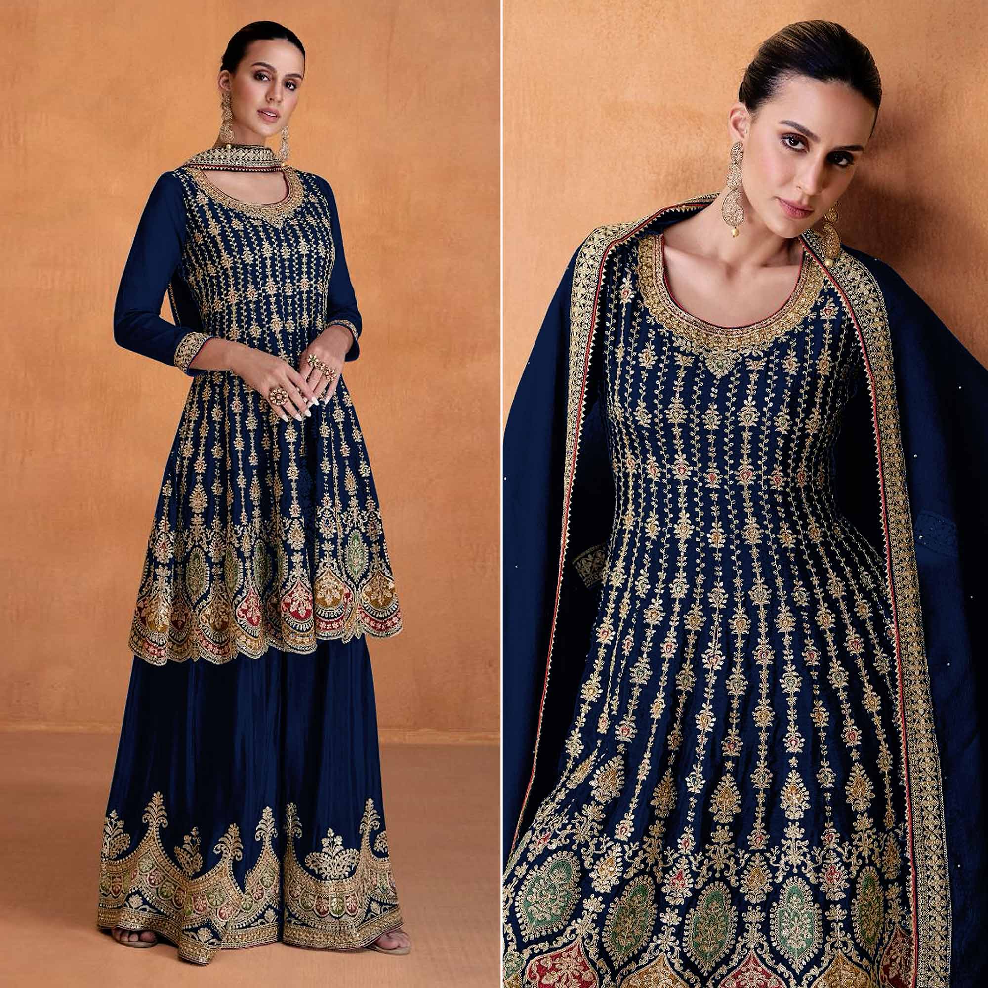 Blue Sequins Embroidered Georgette Semi Stitched Sharara Suit
