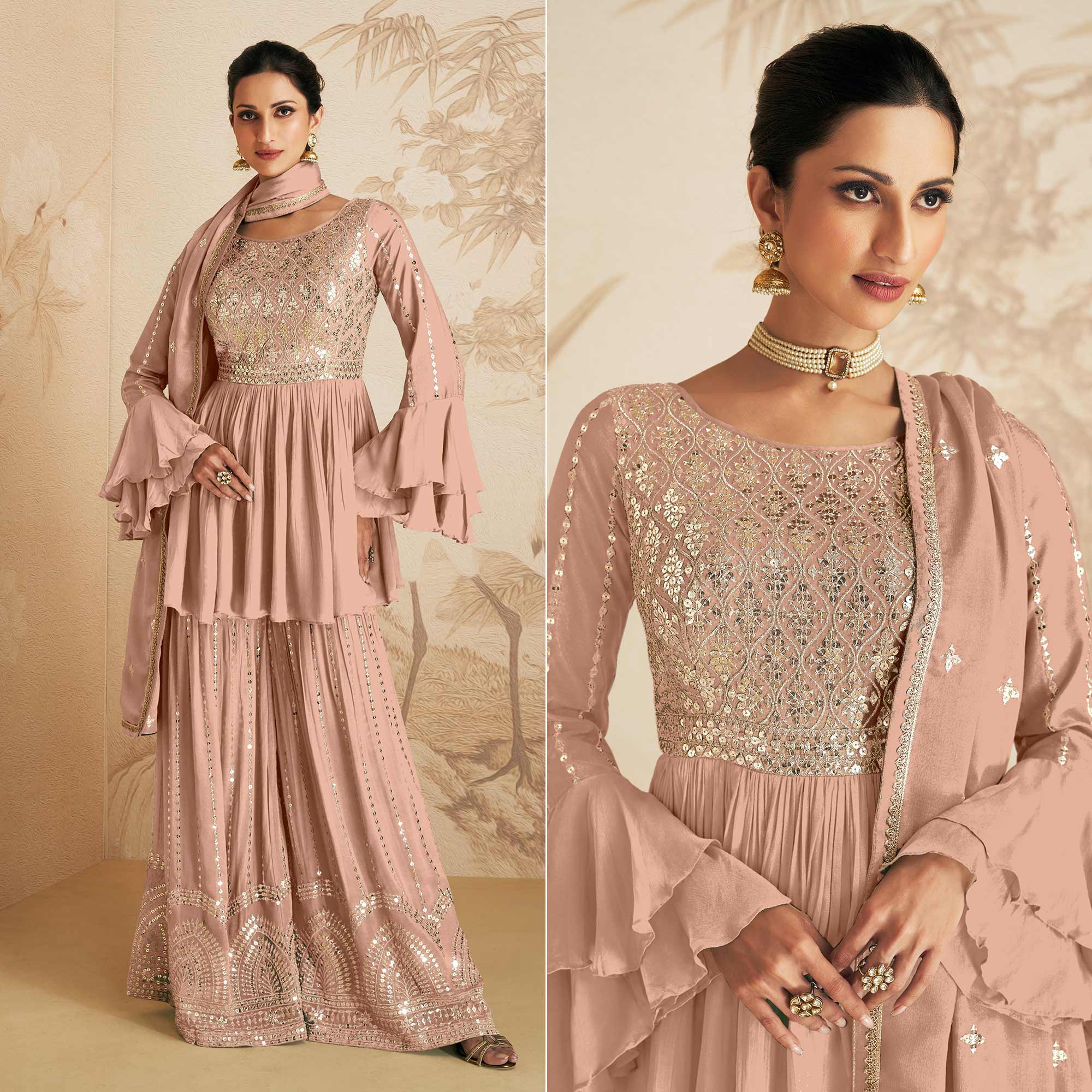 Peach Sequins Embroidered Chinon Semi Stitched Sharara Suit