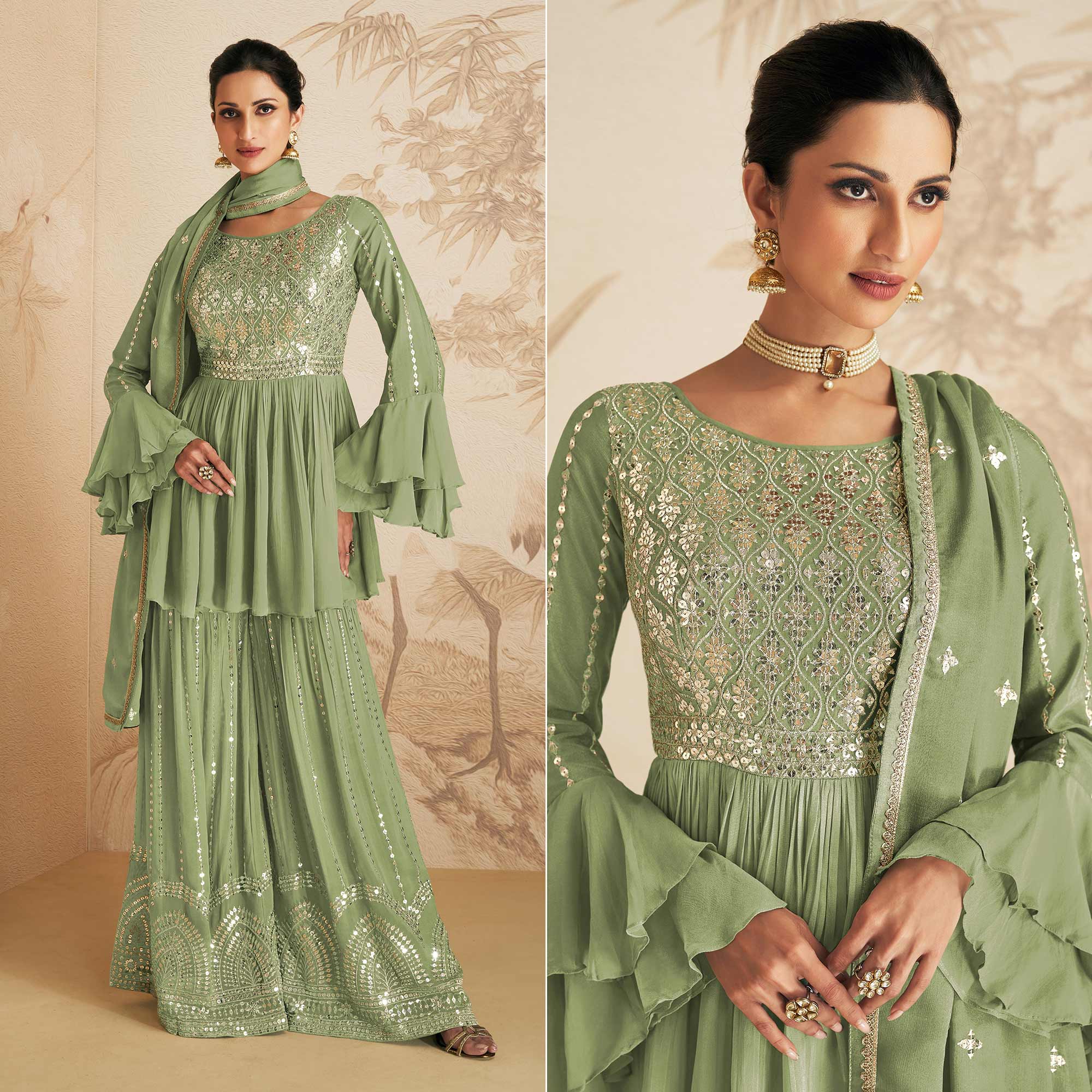 Pista Green Sequins Embroidered Chinon Semi Stitched Sharara Suit