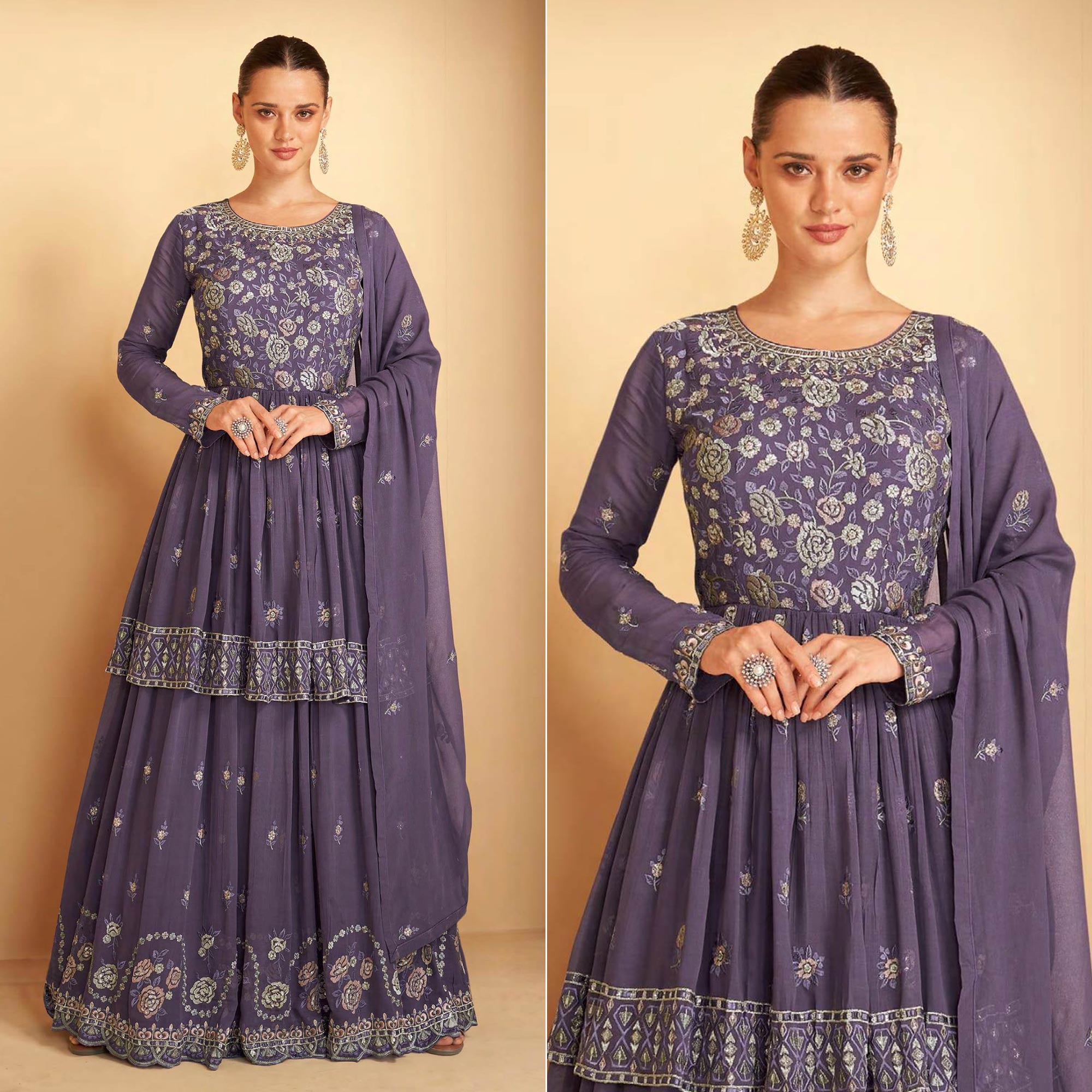 Purple Floral Embroidered Georgette Semi Stitched Sharara Suit