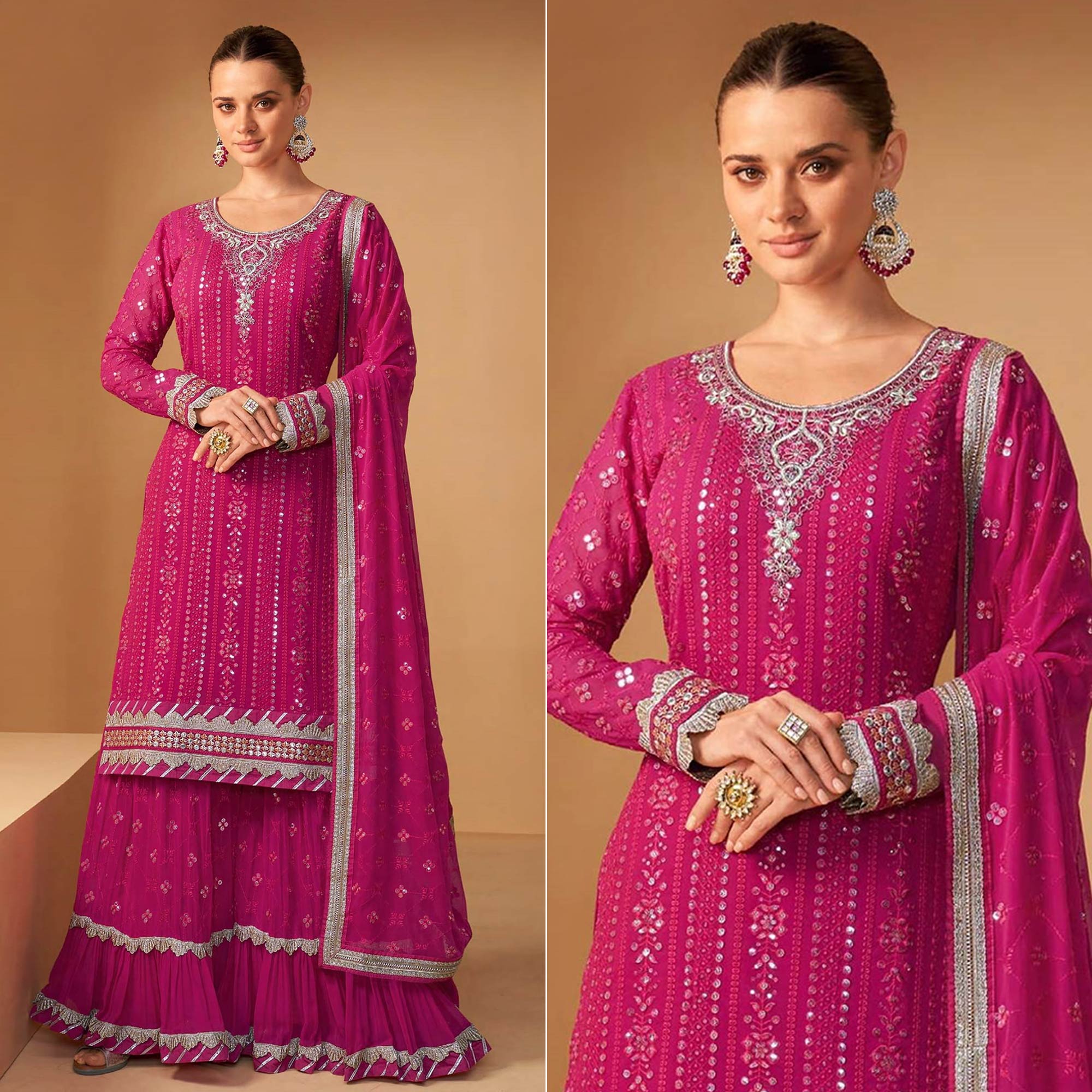 Rani Pink Floral Embroidered Georgette Semi Stitched Sharara Suit