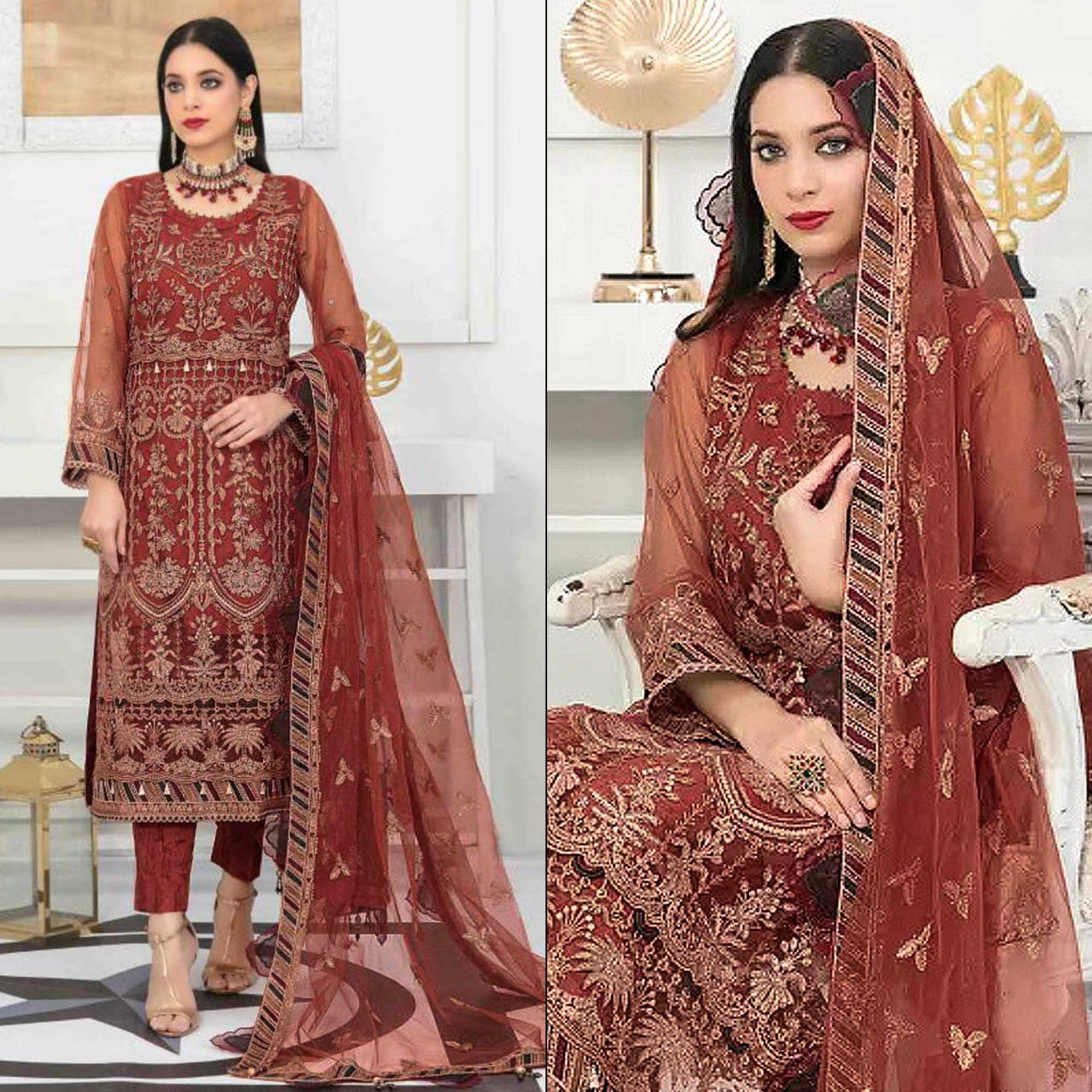 Rust Floral Embroidered Net Semi Stitched Pakistani Suit