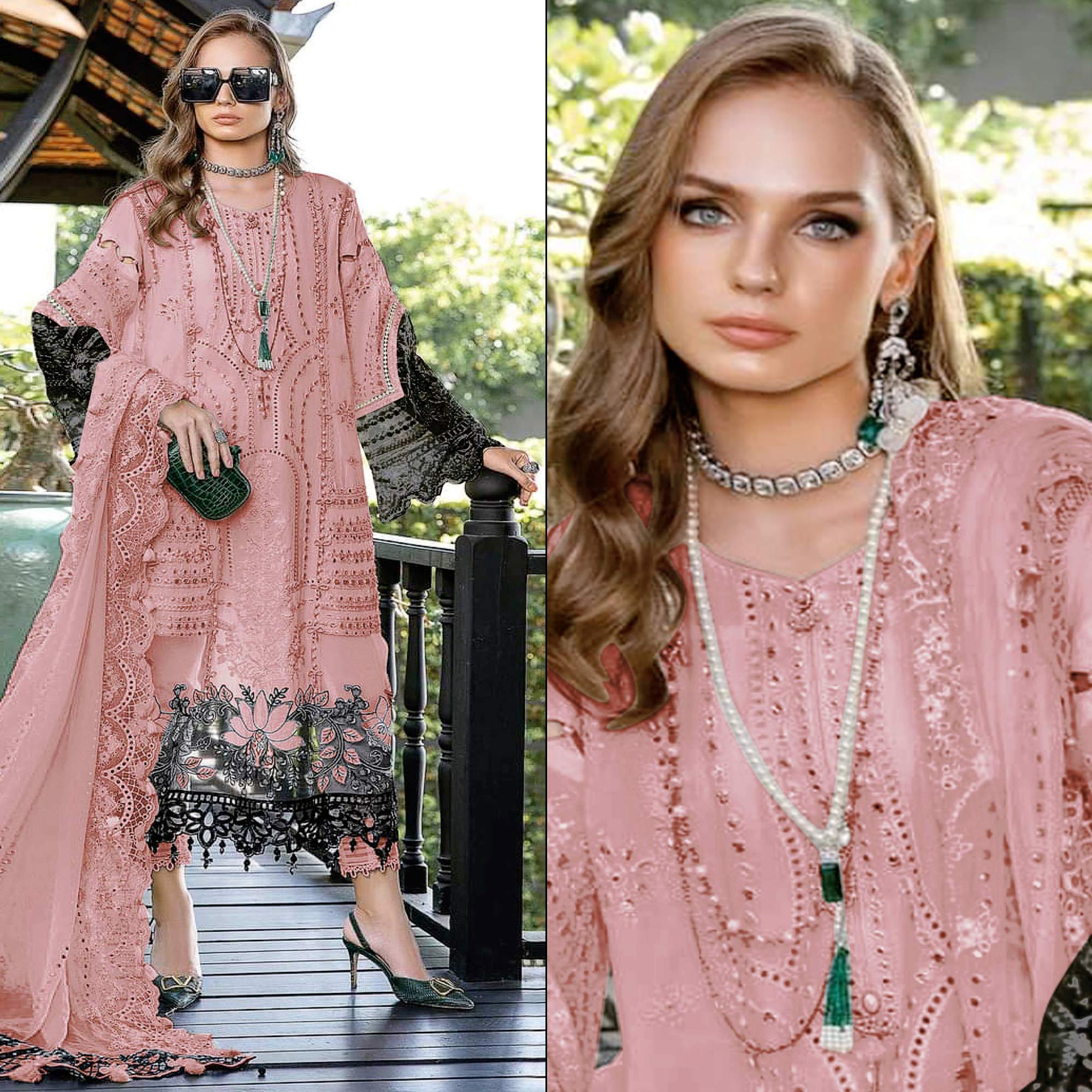 Pink Floral Embroidered Georgette Semi Stitched Pakistani Suit