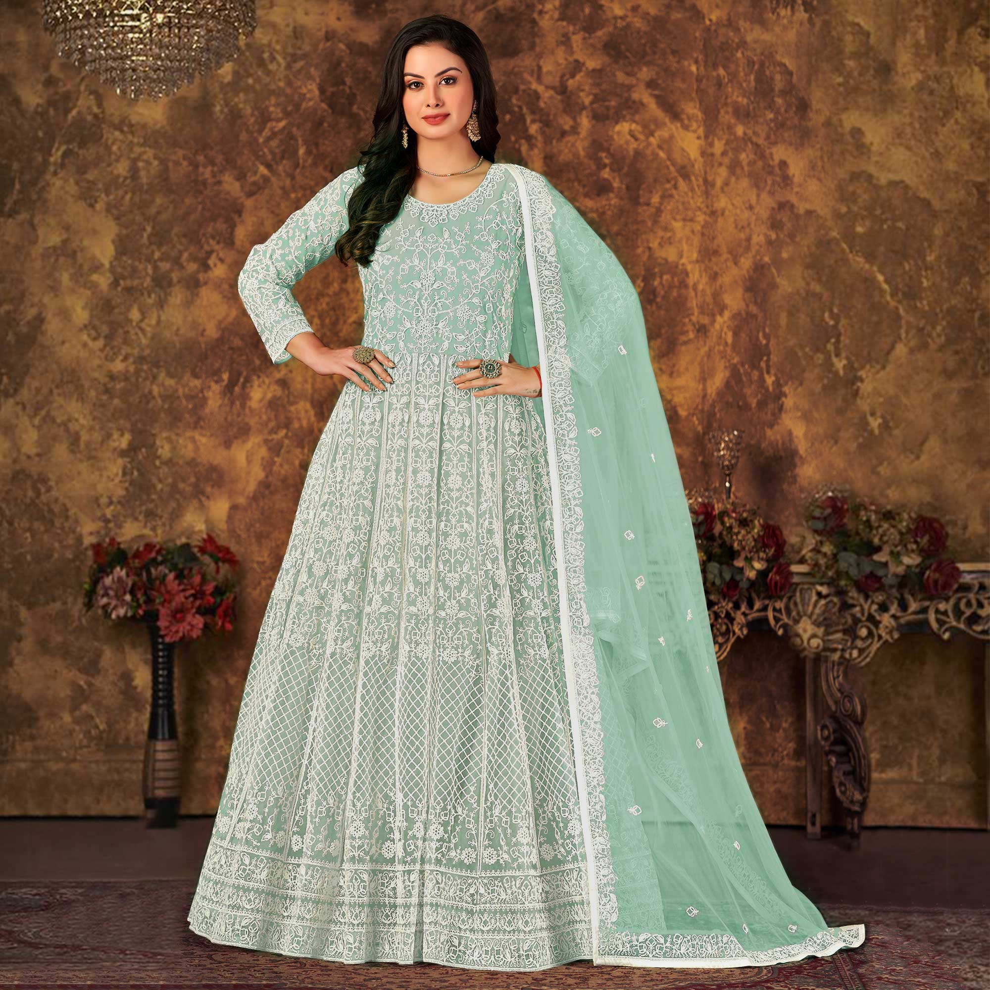 Green Floral Embroidered Net Semi Stitched Anarkali Suit