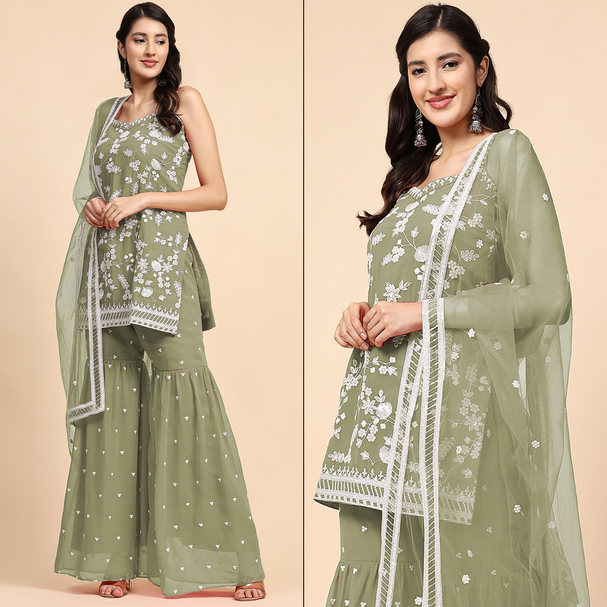 Green Floral Sequins Embroidered Georgette Semi Stitched Suit