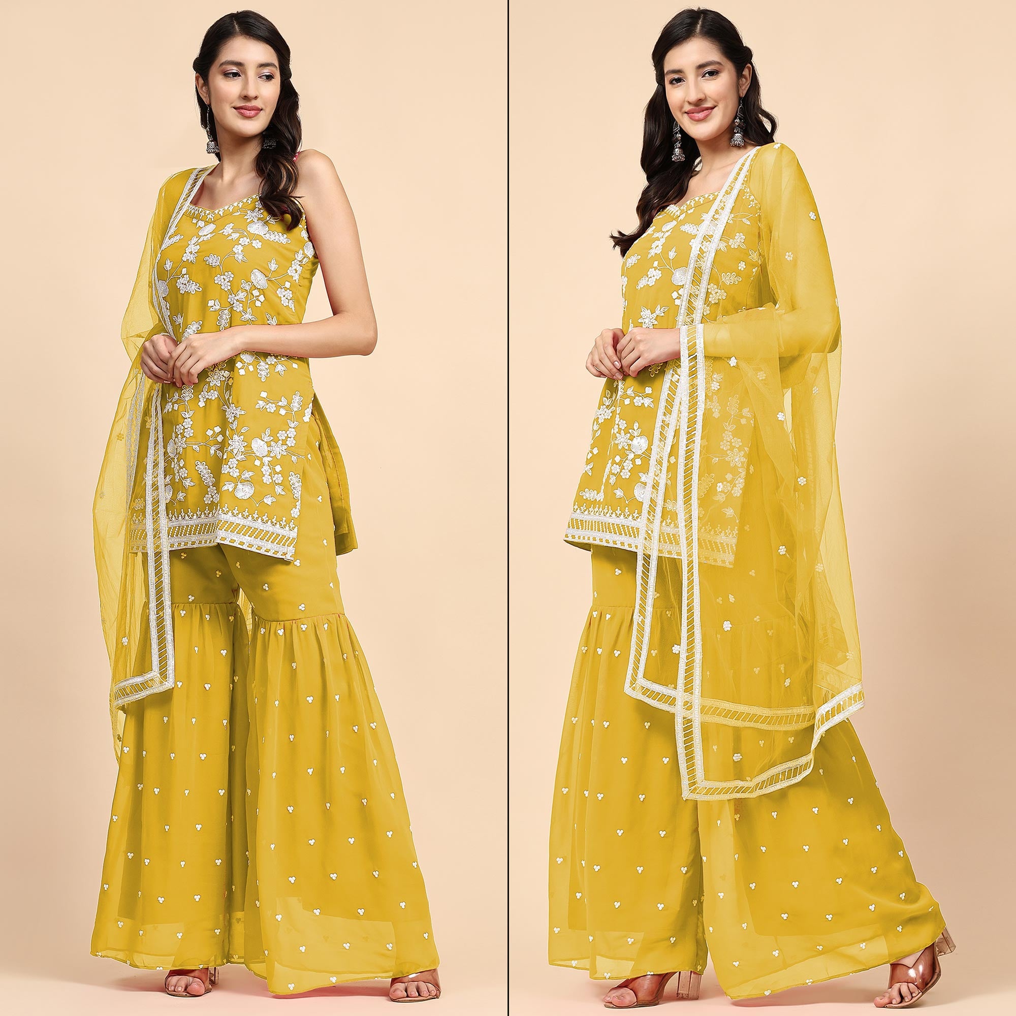 Yellow Floral Sequins Embroidered Georgette Semi Stitched Suit