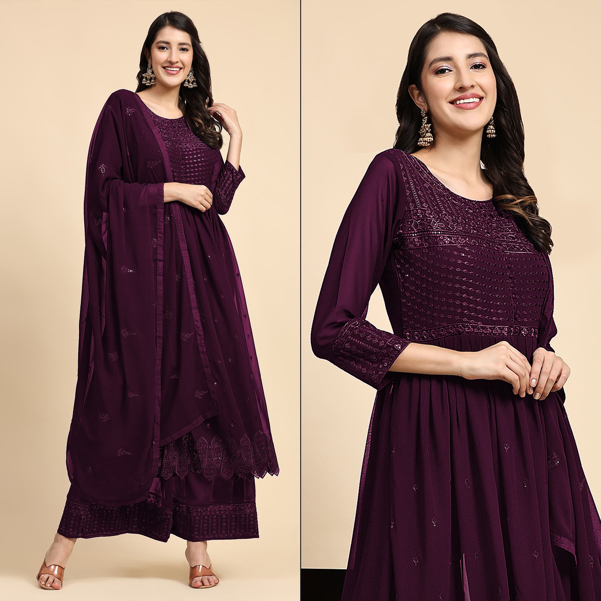 Wine Sequins Embroidered Georgette Semi Stitched Suit