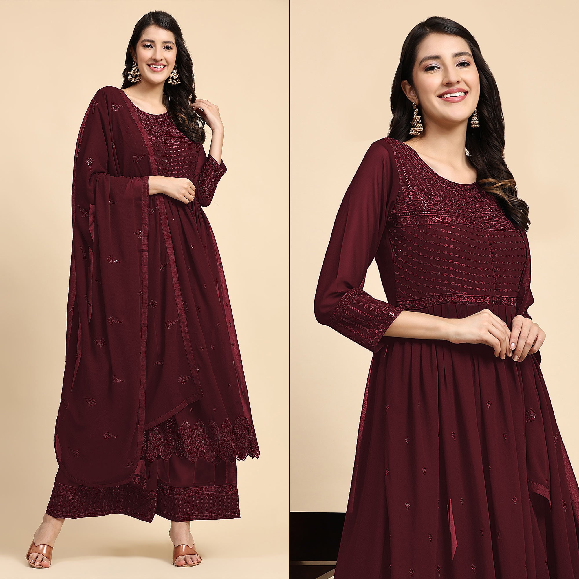 Maroon Sequins Embroidered Georgette Semi Stitched Suit