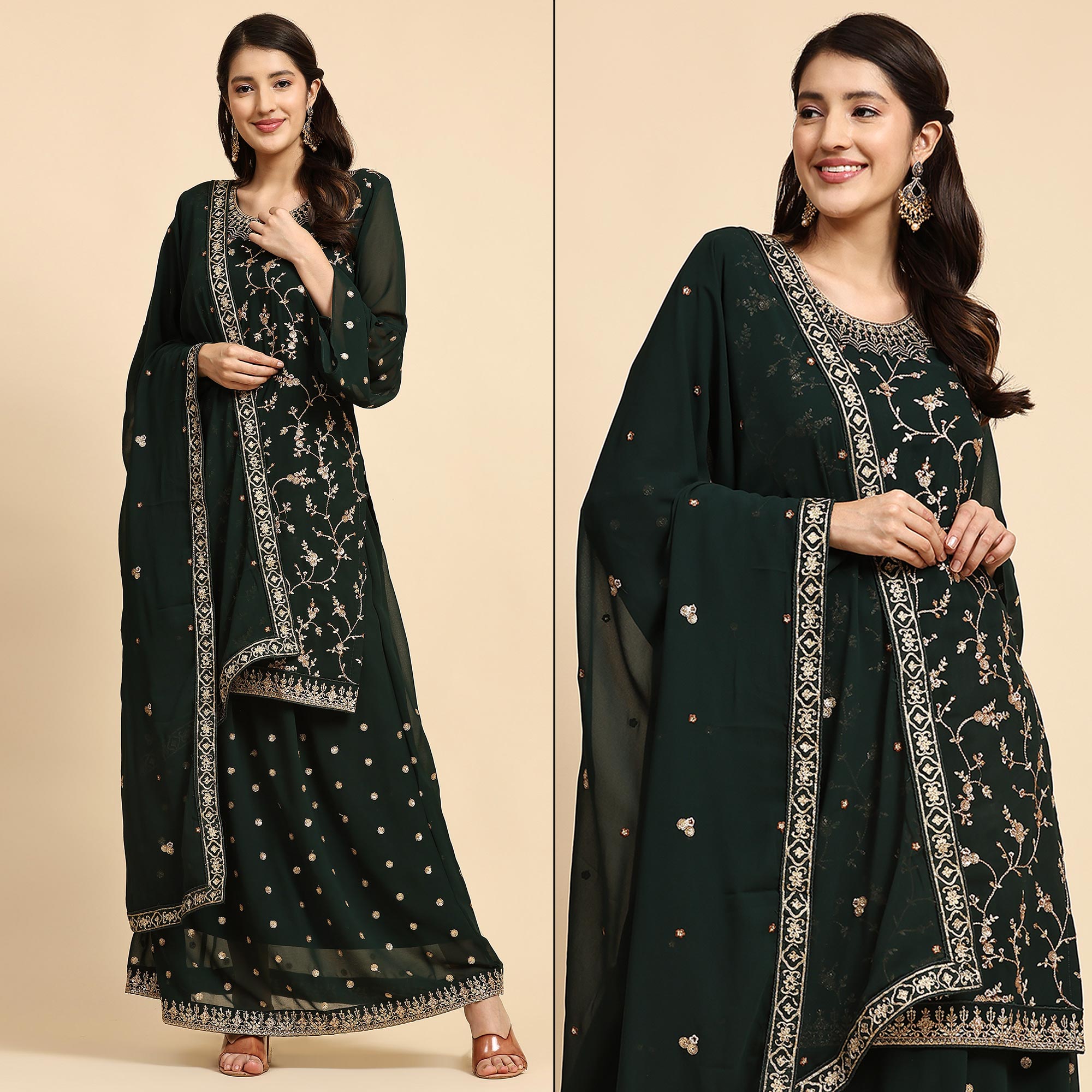 Green Floral Embroidered Georgette Semi Stitched Suit