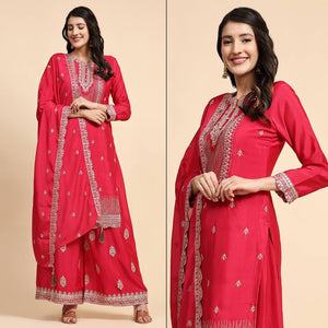 Pink Embroidered Chinon Semi Stitched Suit