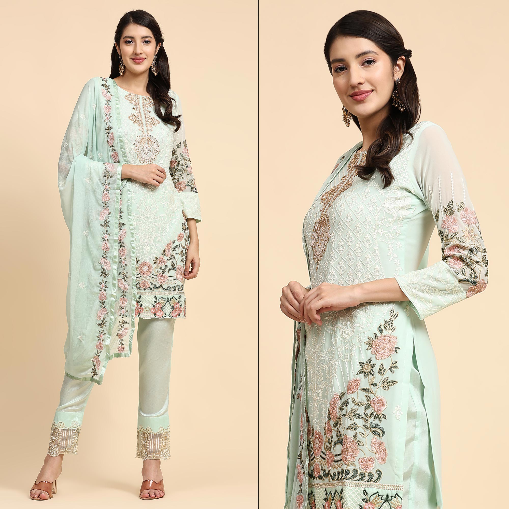 Pista Green Embroidered Georgette Semi Stitched Pakistani Suit