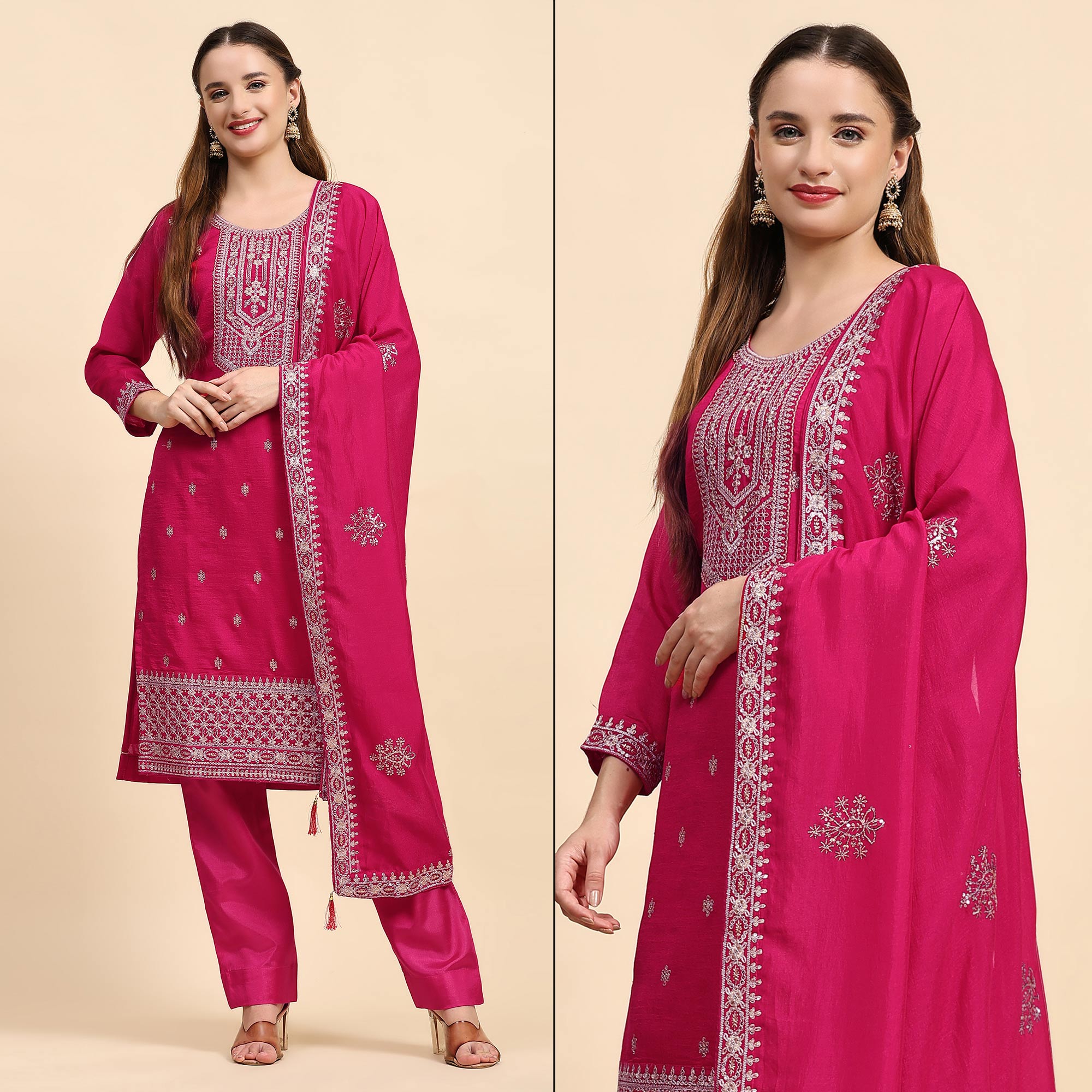 Pink Embroidered Dola Silk Straight Semi Stitched Suit
