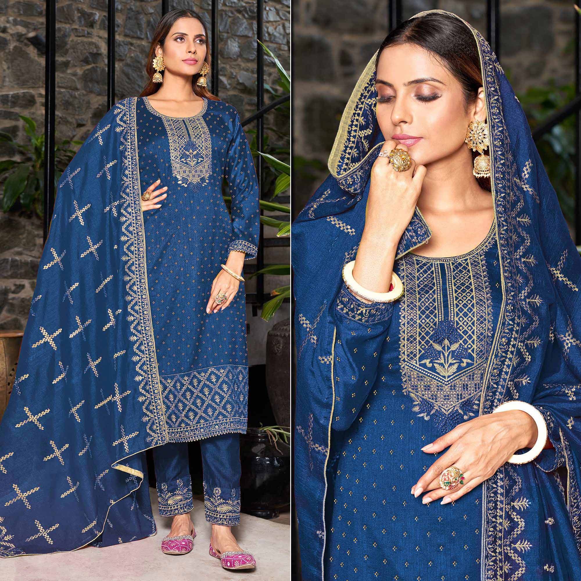 Blue Embroidered Vichitra Silk Semi Stitched Salwar Suit
