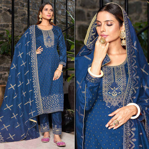 Blue Embroidered Vichitra Silk Semi Stitched Salwar Suit