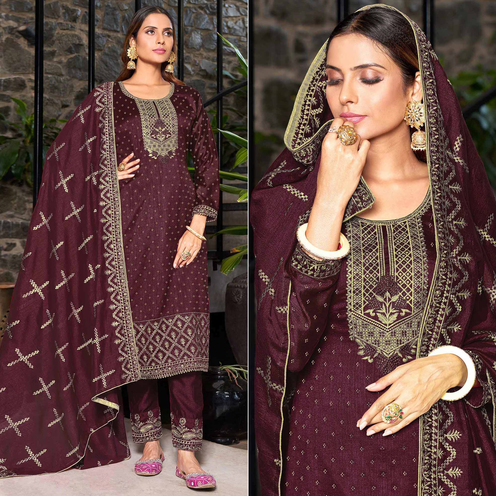 Wine Embroidered Vichitra Silk Semi Stitched Salwar Suit
