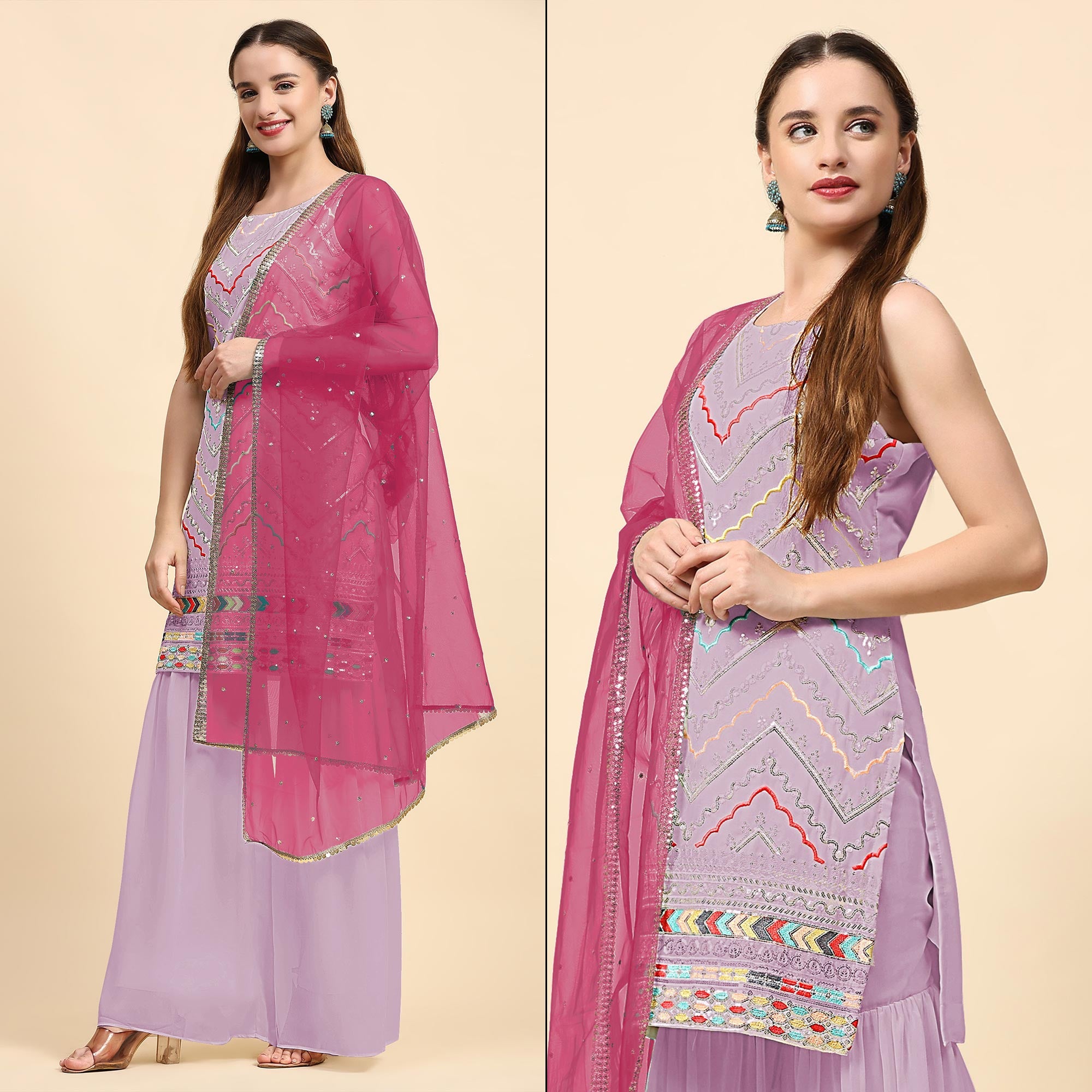 Purple Sequins Embroidered Georgette Semi Stitched Suit