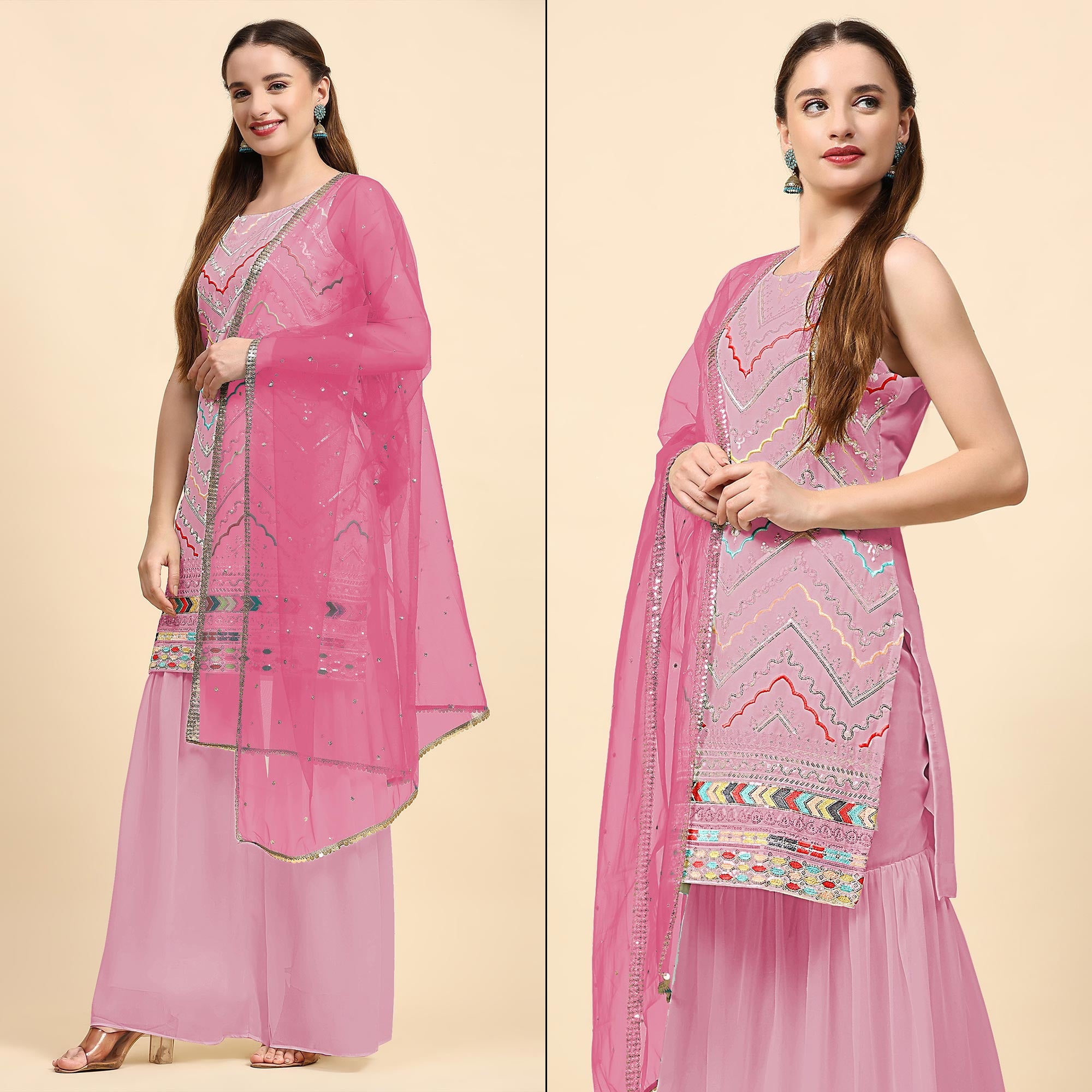Pink Sequins Embroidered Georgette Semi Stitched Suit