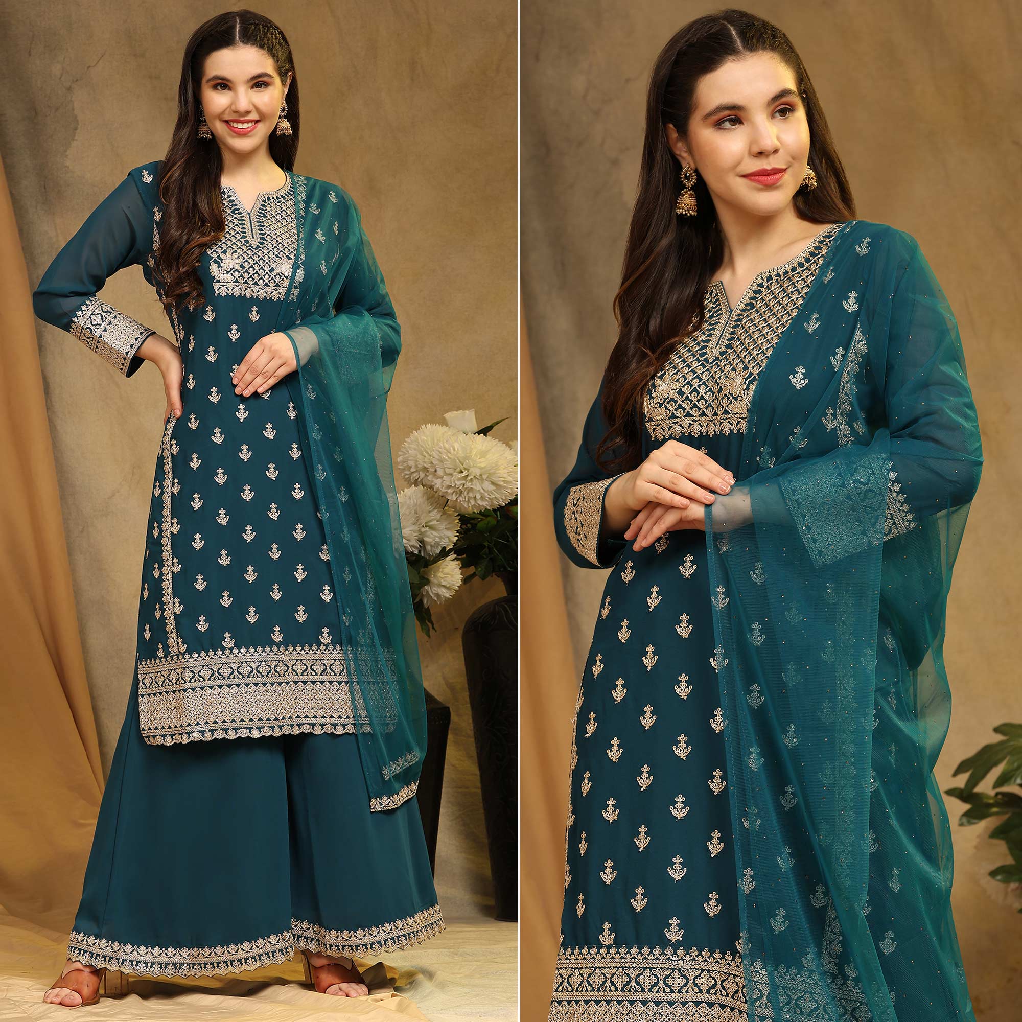 Morpich Floral Embroidered Georgette Semi Stitched Suit