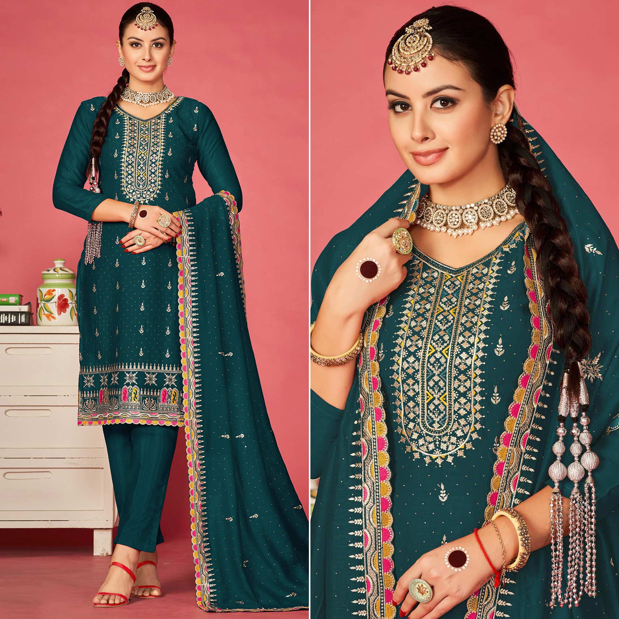 Teal Embroidered With Swarovski Vichitra Silk Semi Stitched Suit