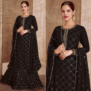 Black Sequins Embroidered Georgette Semi Stitched Palazzo Suit