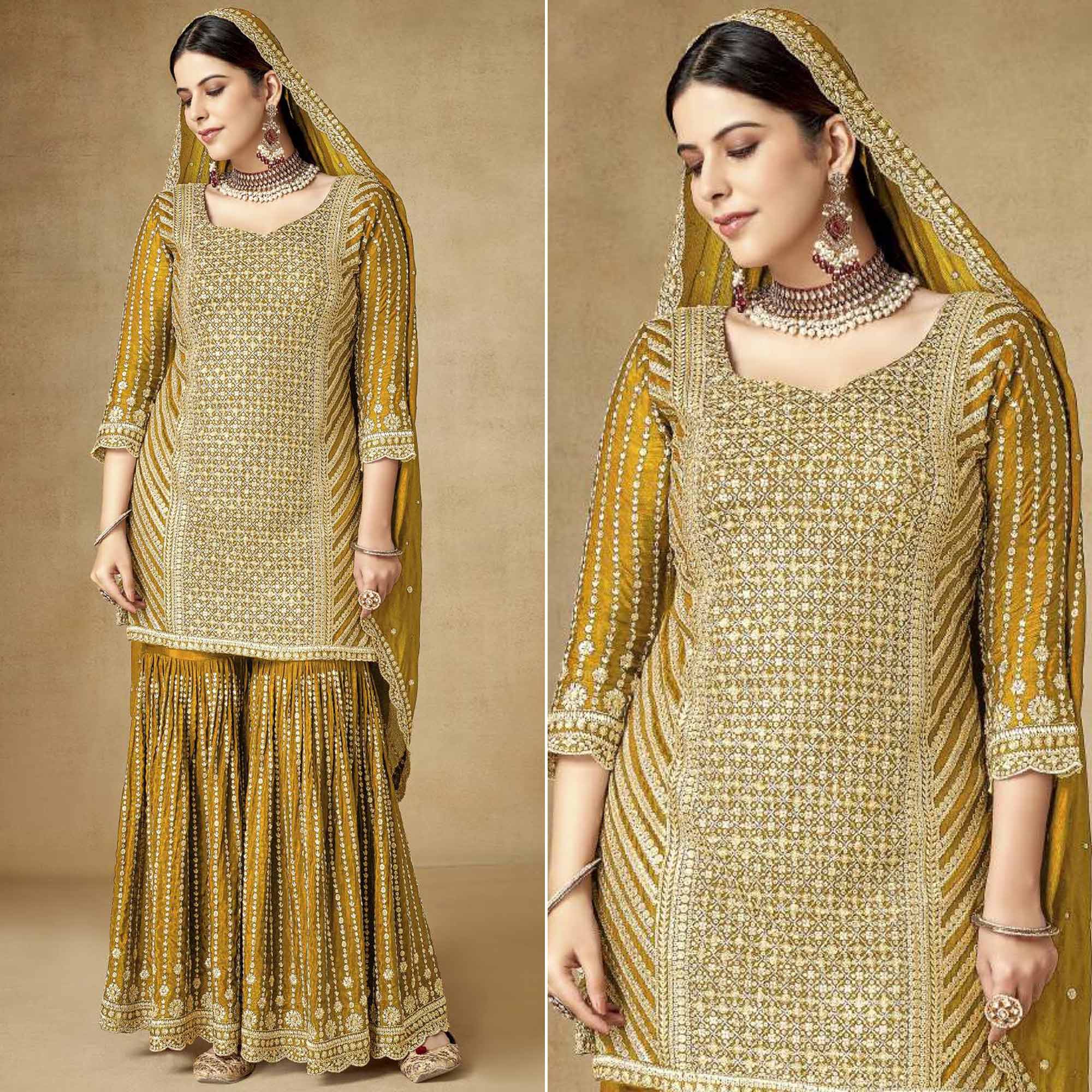 Mustard Sequins Embroidered Chinon Semi Stitched Sharara Suit