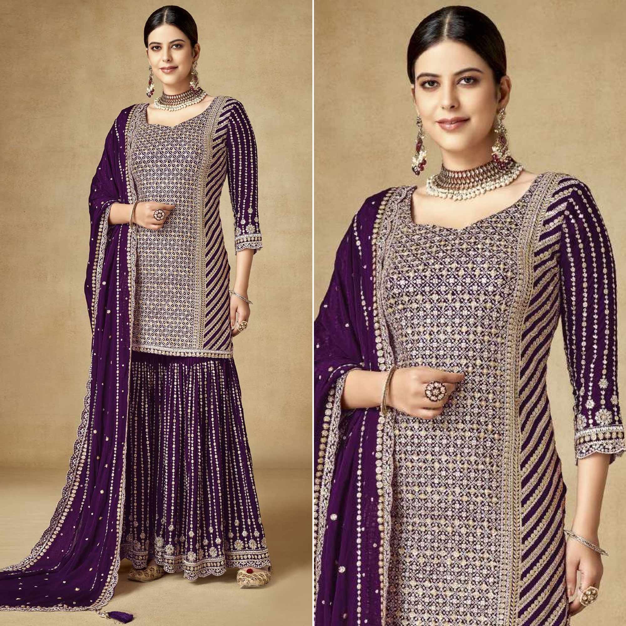 Purple Sequins Embroidered Chinon Semi Stitched Sharara Suit