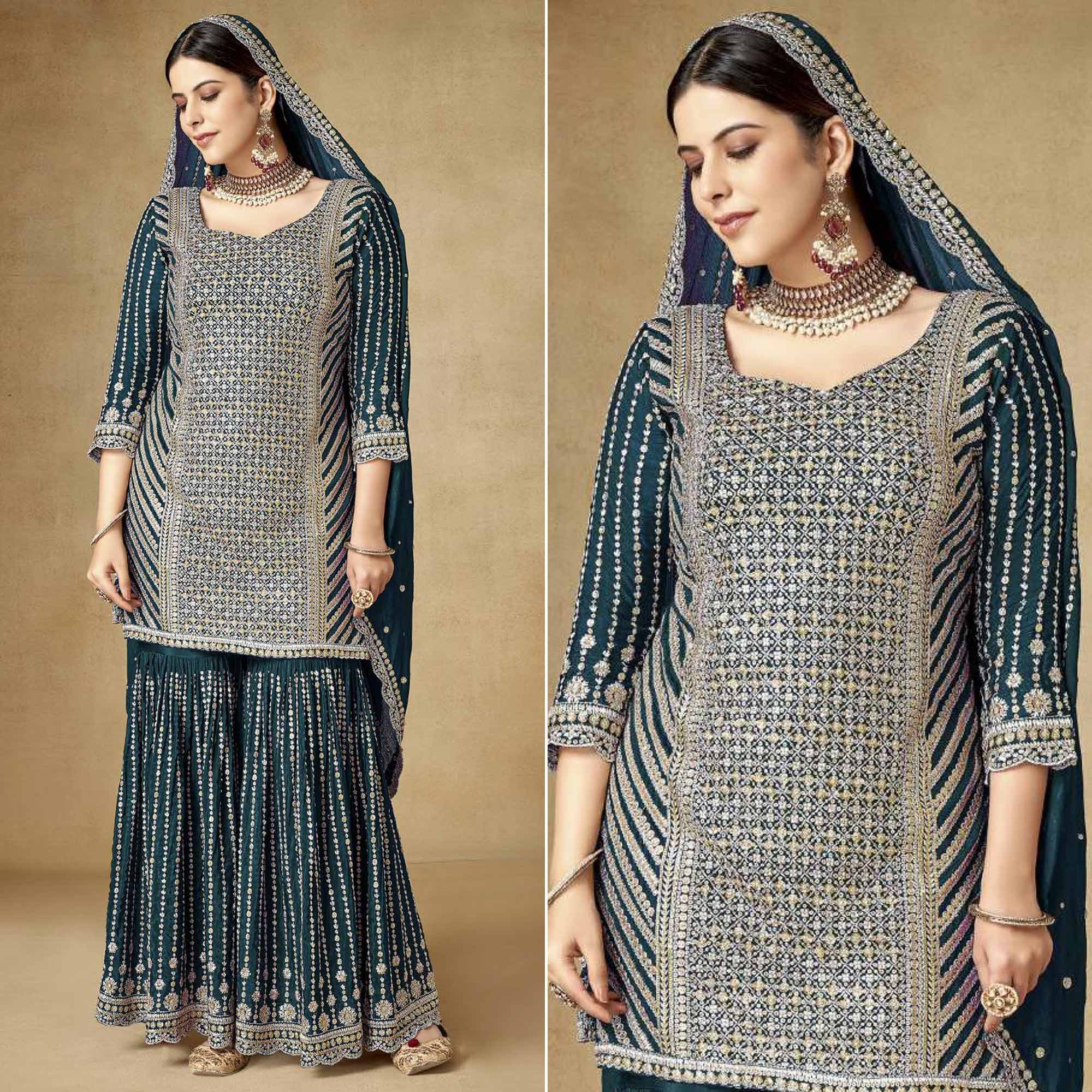 Teal Sequins Embroidered Chinon Semi Stitched Sharara Suit