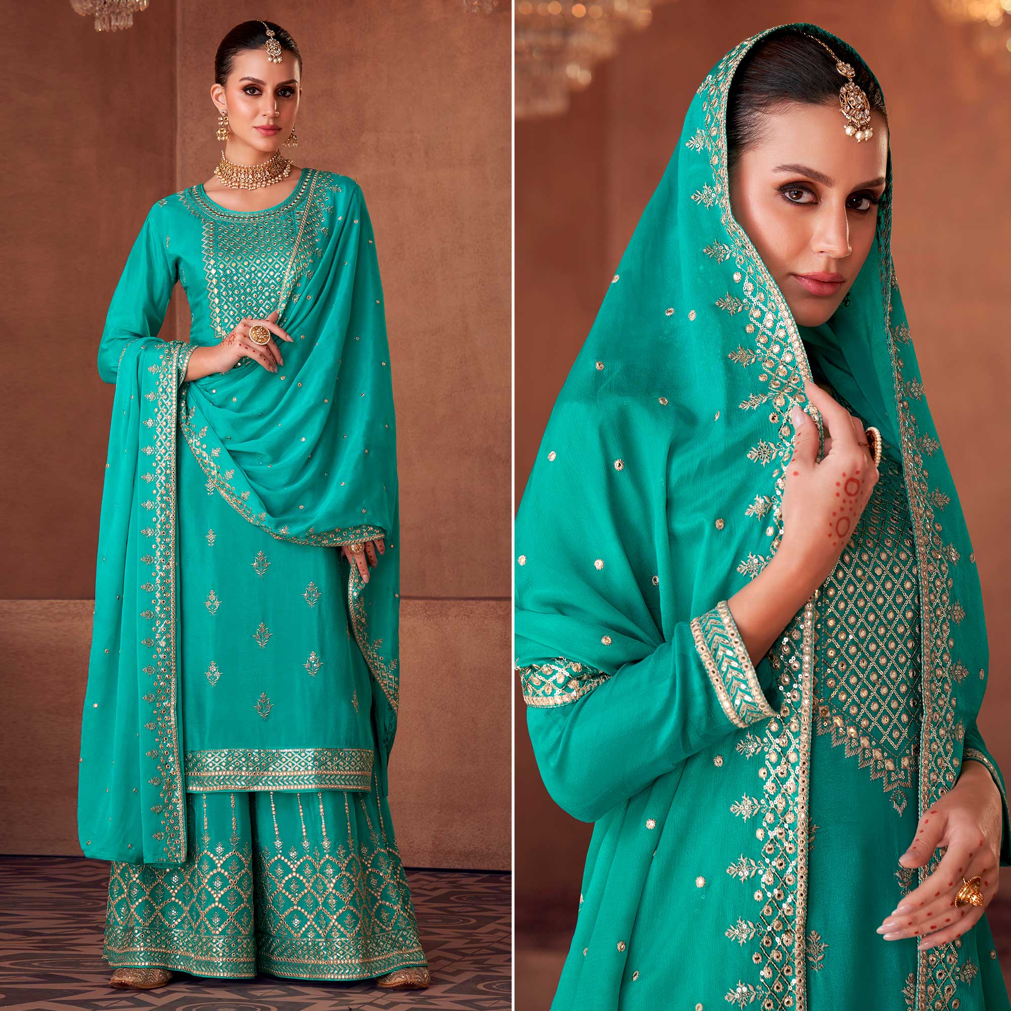 Turquoise Floral Sequins Embroidered Georgette Semi Stitched Palazzo Suit