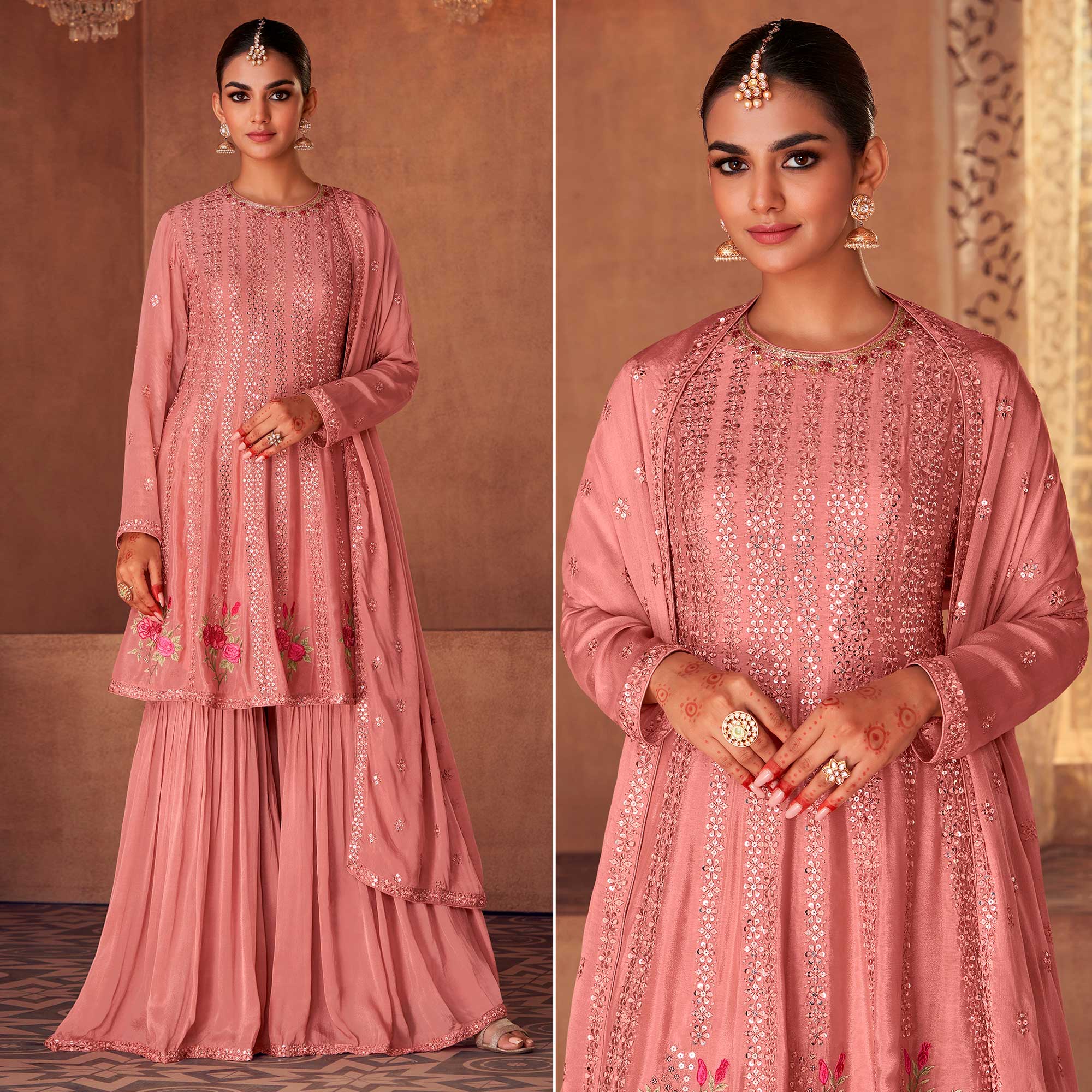 Peach Floral Sequins Embroidered Georgette Semi Stitched Sharara Suit