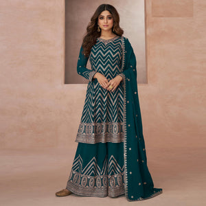 Teal Floral Embroidered Georgette Semi Stitched Suit