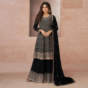 Black Floral Embroidered Georgette Semi Stitched Suit