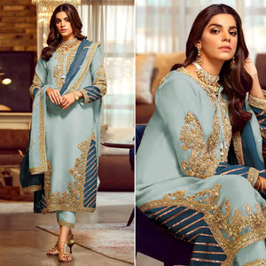 Blue Floral Embroidered Georgette Semi Stitched Pakistani Suit