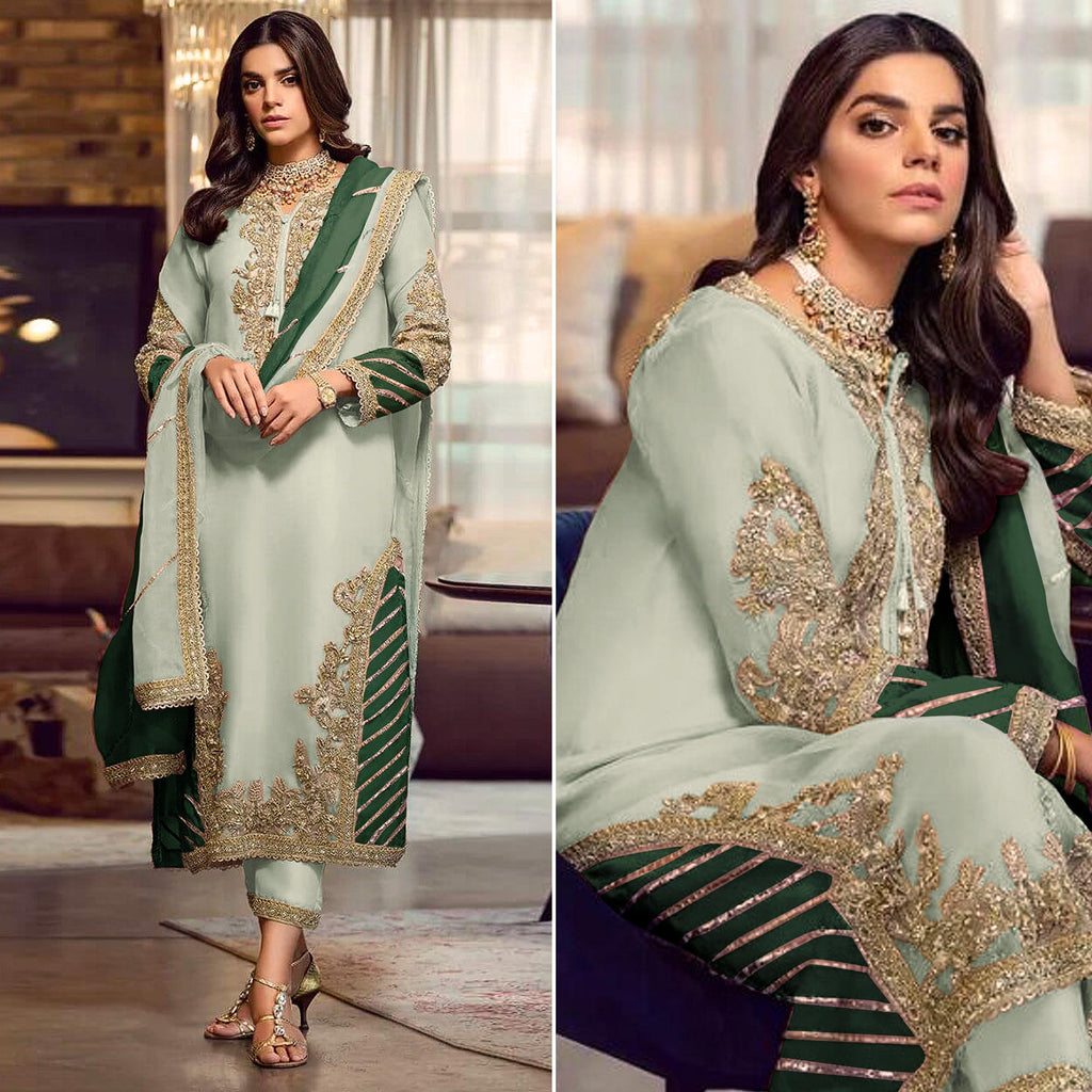 Green Traditional Semi-Stitched Pant Suit With Embroidery Work