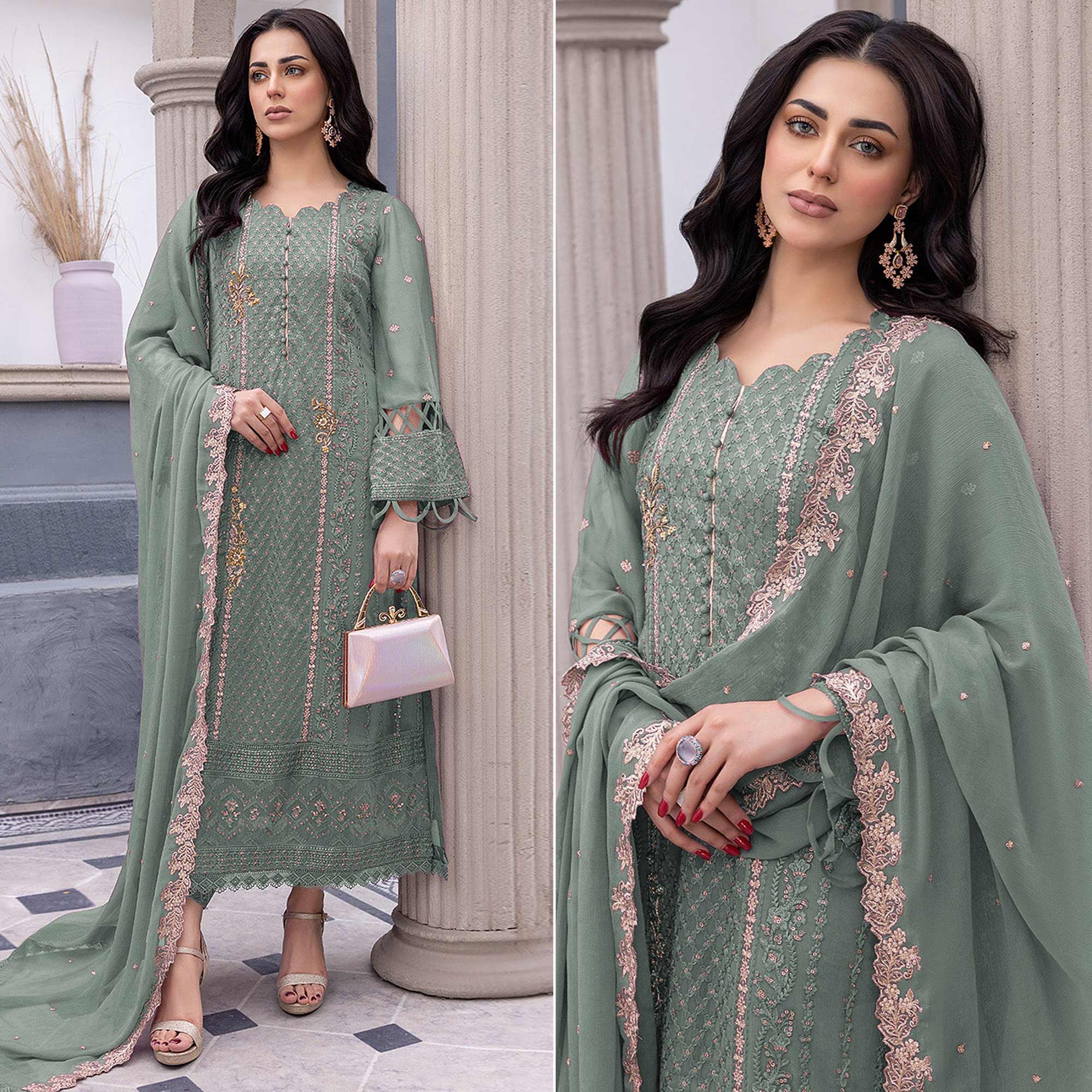 Green Floral Embroidered Georgette Semi Stitched Pakistani Suit